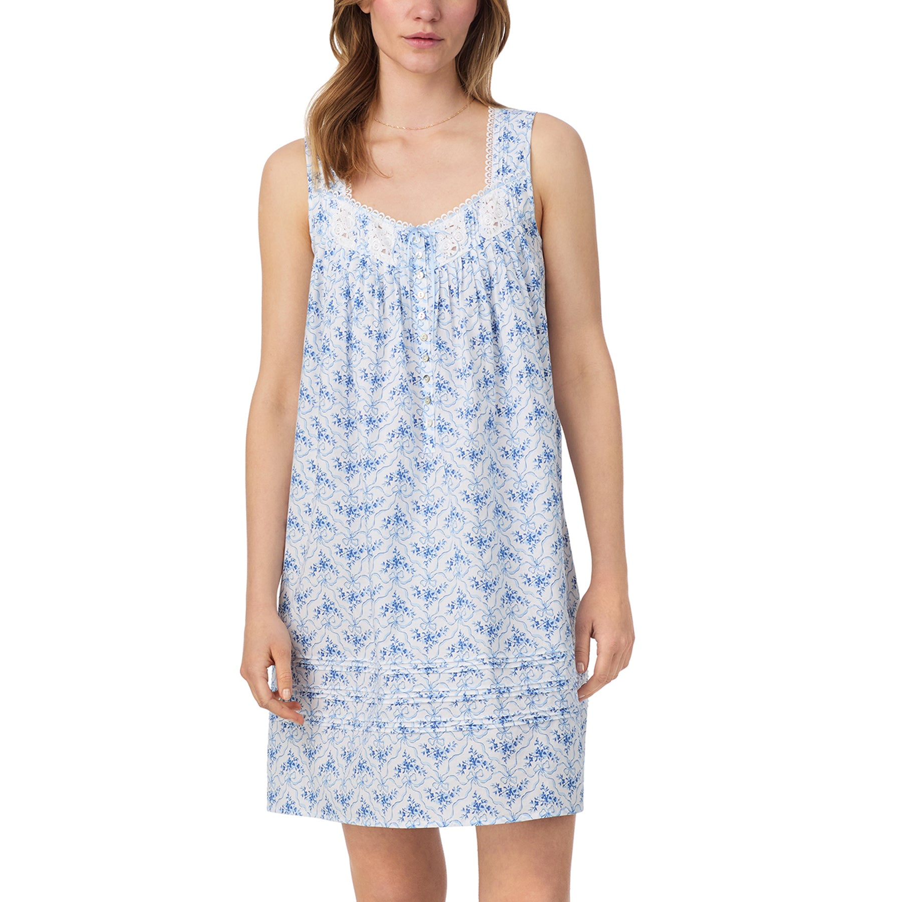 Front view of Eileen West sleeveless cotton nightgown with lace-trim neckline and button placket.
