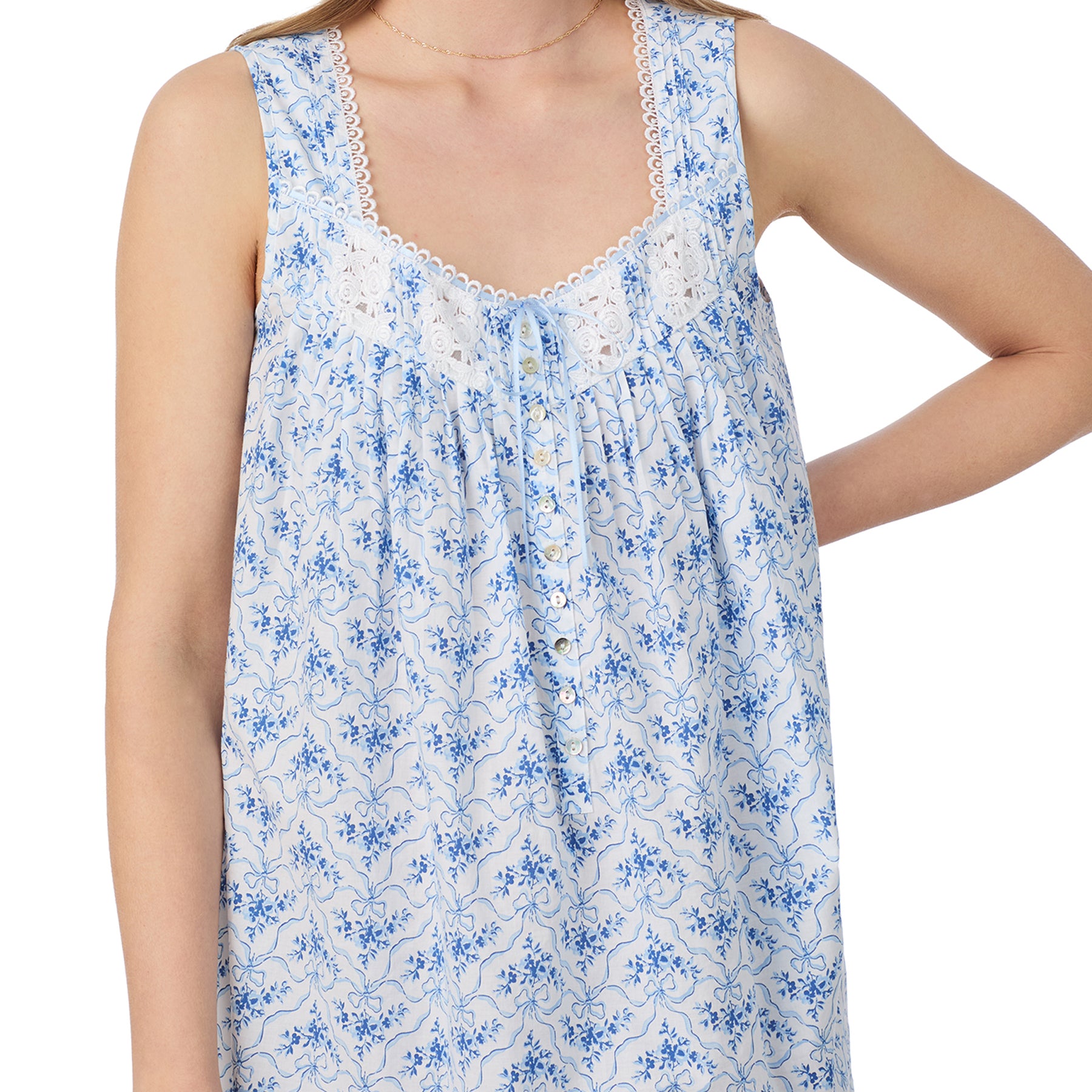 Close-up of lace-trim neckline and button detailing on blue floral cotton nightgown by Eileen West.