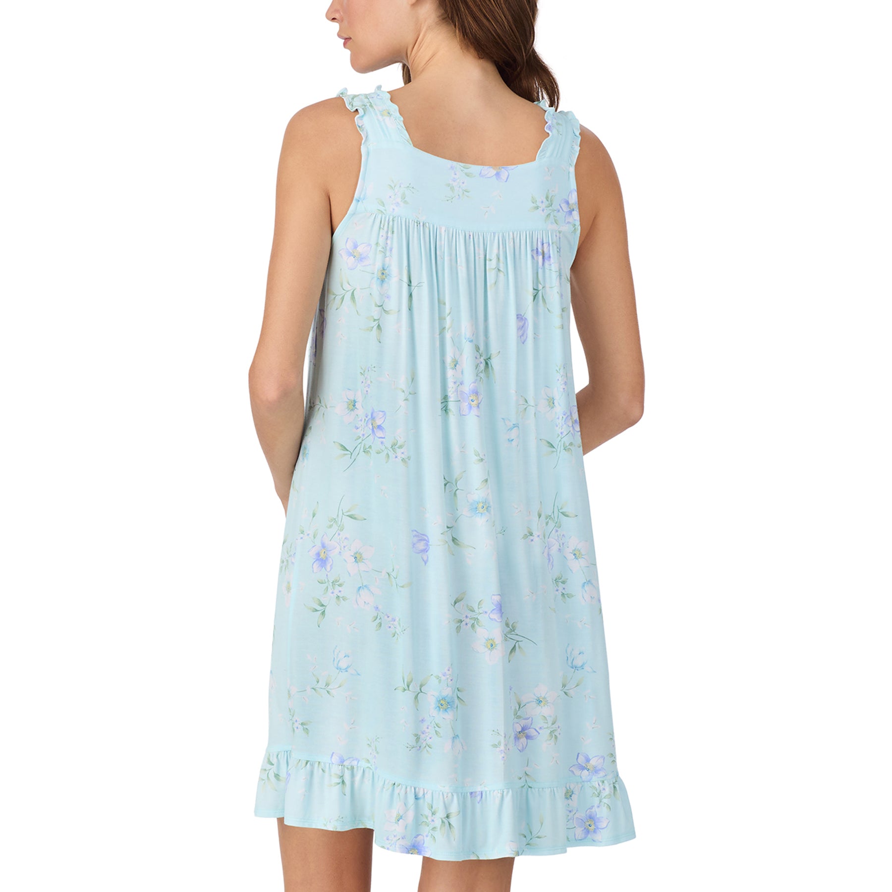 Back view of blue floral nightgown with ruffle hem and relaxed fit, lightweight comfortable sleepwear