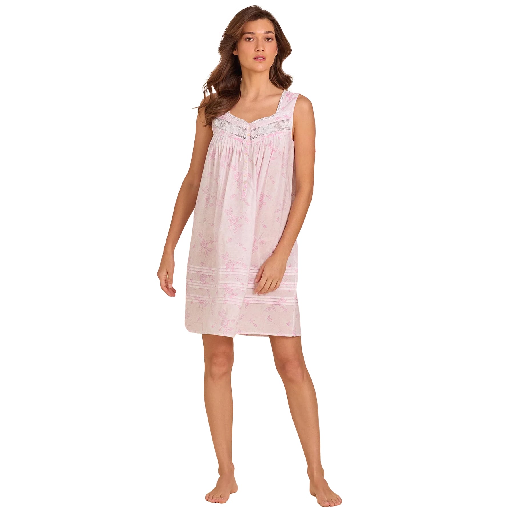Eileen West pink floral sleeveless nightgown with delicate lace inset, pintuck detailing, and soft feminine silhouette.