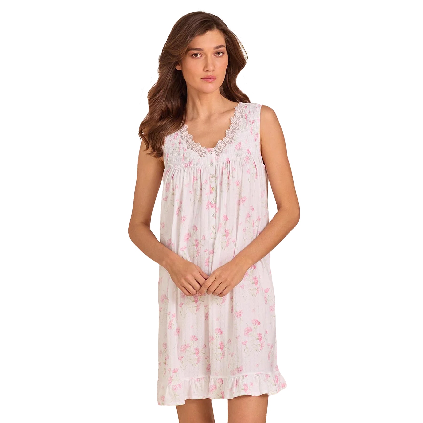 Close-up of Eileen West pink floral nightgown featuring lace trim neckline, button front detail, and soft gathered fabric.