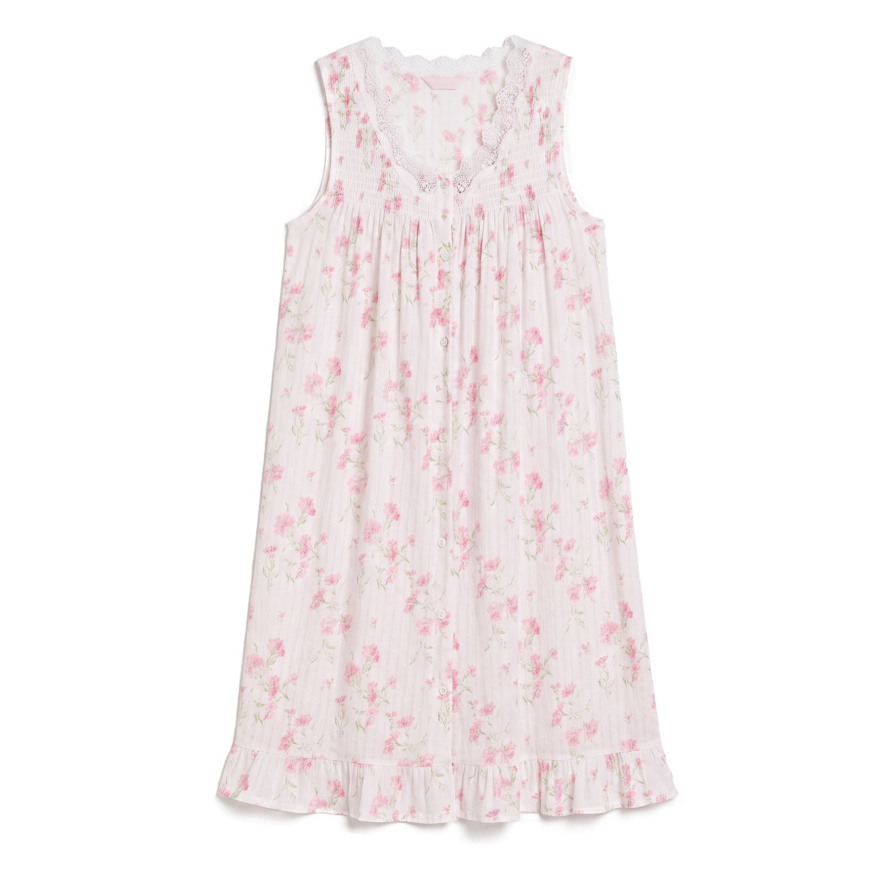 Flat lay of Eileen West sleeveless floral nightgown in blush pink with lace neckline and ruffle hem on white background.