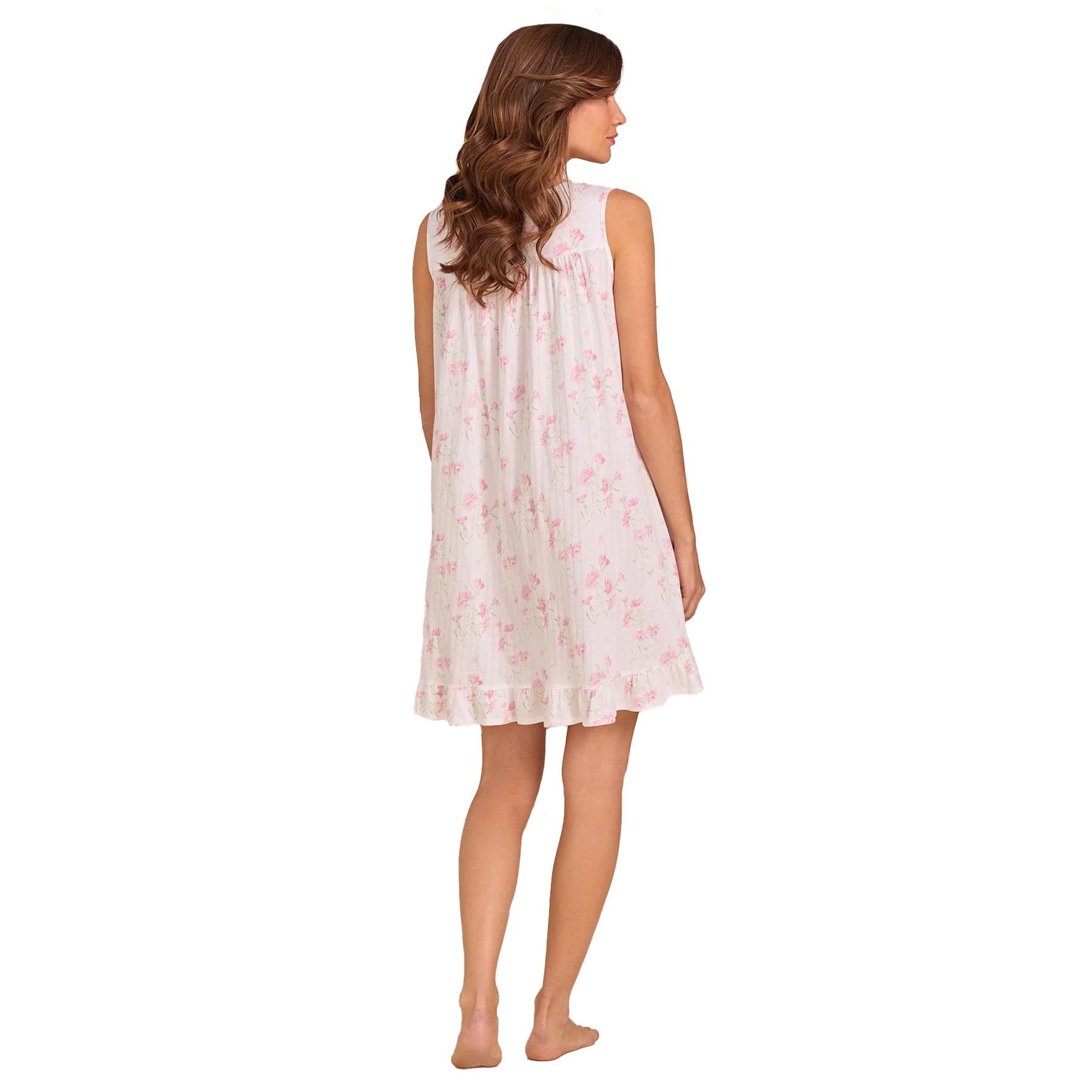 Back view of Eileen West sleeveless floral nightgown in soft pink floral print with relaxed fit and ruffle hem detail.