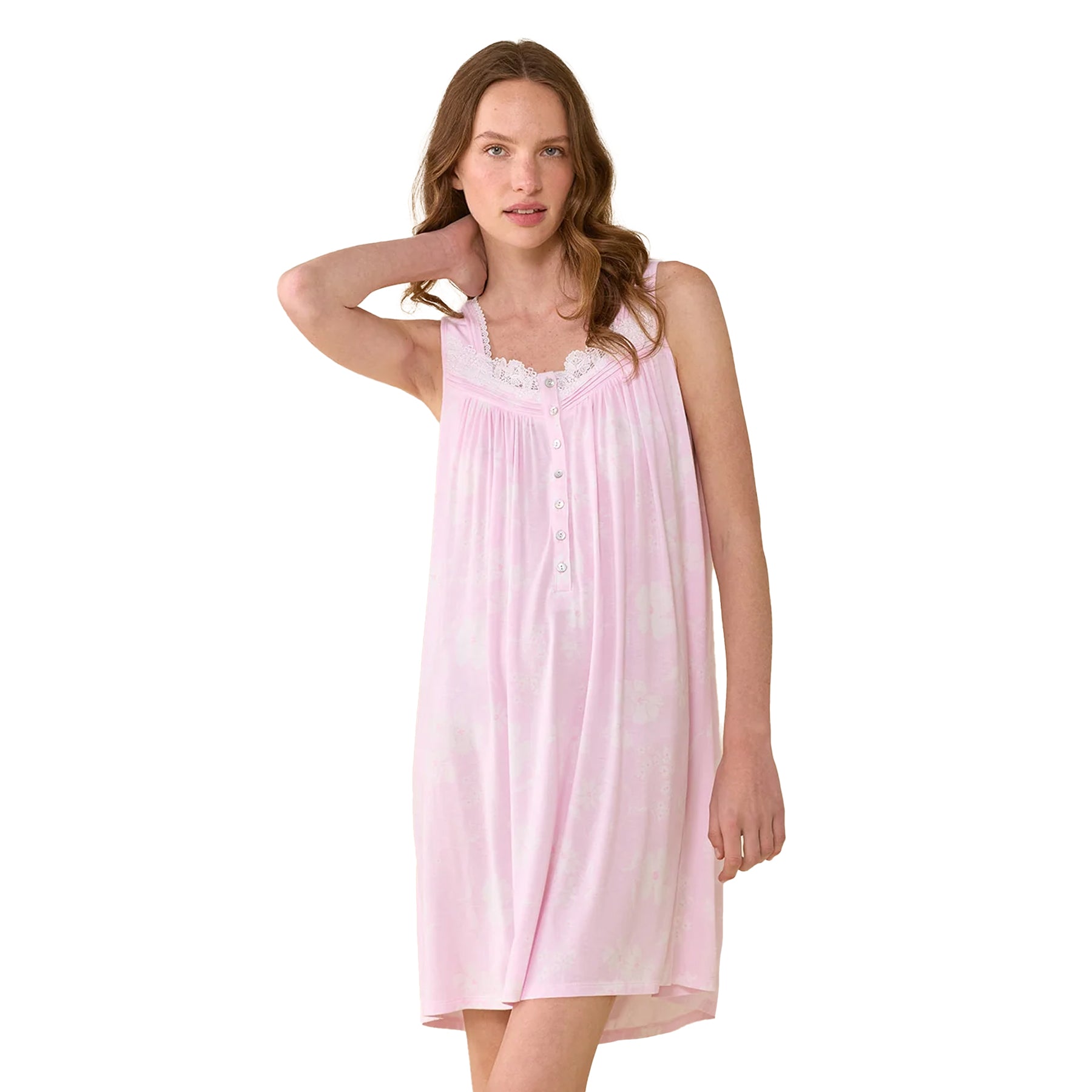 Eileen West pink floral sleeveless nightgown with lace-trim neckline, button-front detail, and soft flowing silhouette.