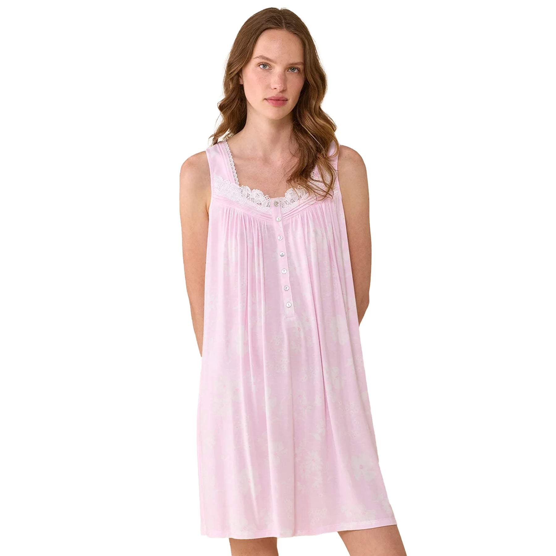 Front view of Eileen West blush pink sleep chemise featuring delicate lace trim and a relaxed feminine fit.