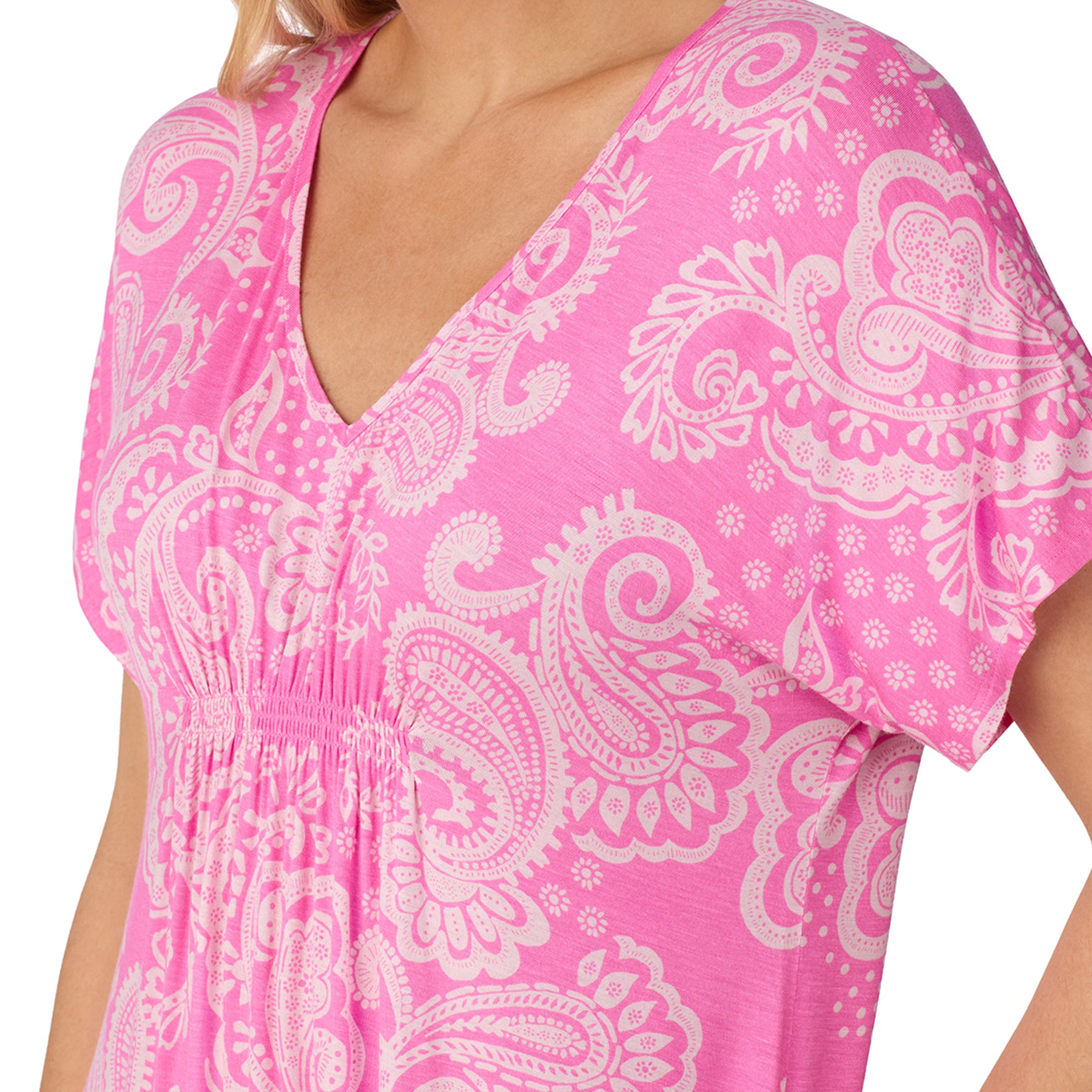 Front view of a women’s pink paisley knee-length nightdress with short sleeves and relaxed fit
