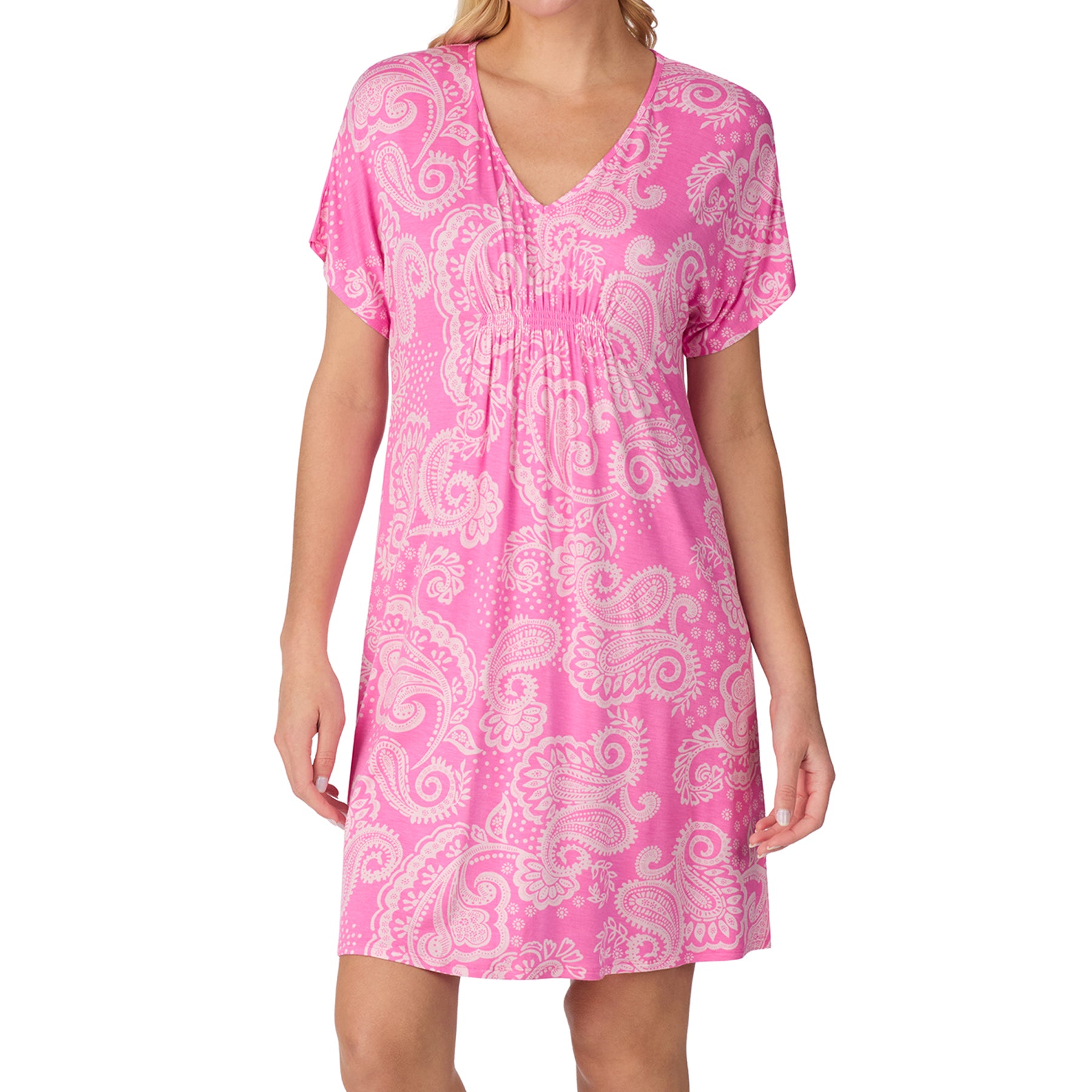 Close-up of a pink paisley nightdress with V-neckline and softly gathered under-bust detail