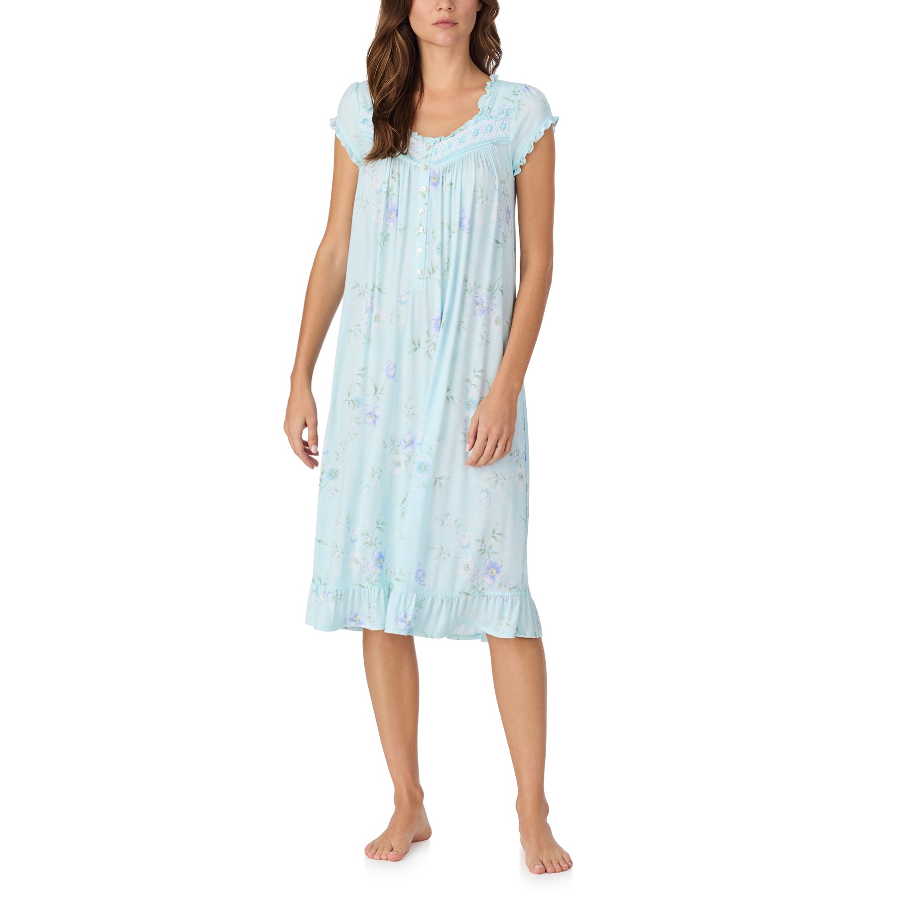 Light blue floral short sleeve nightdress with lace trim, relaxed fit and soft drape, front view on model