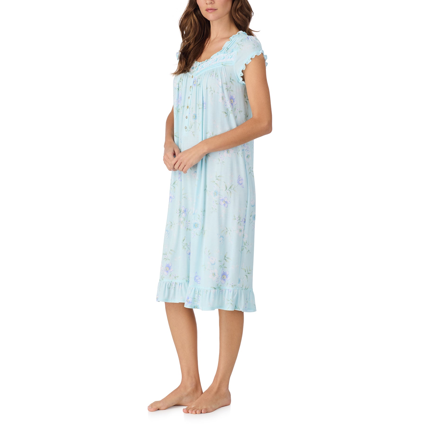 Side view of blue floral nightgown with flutter sleeves and airy silhouette, lightweight comfortable sleepwear