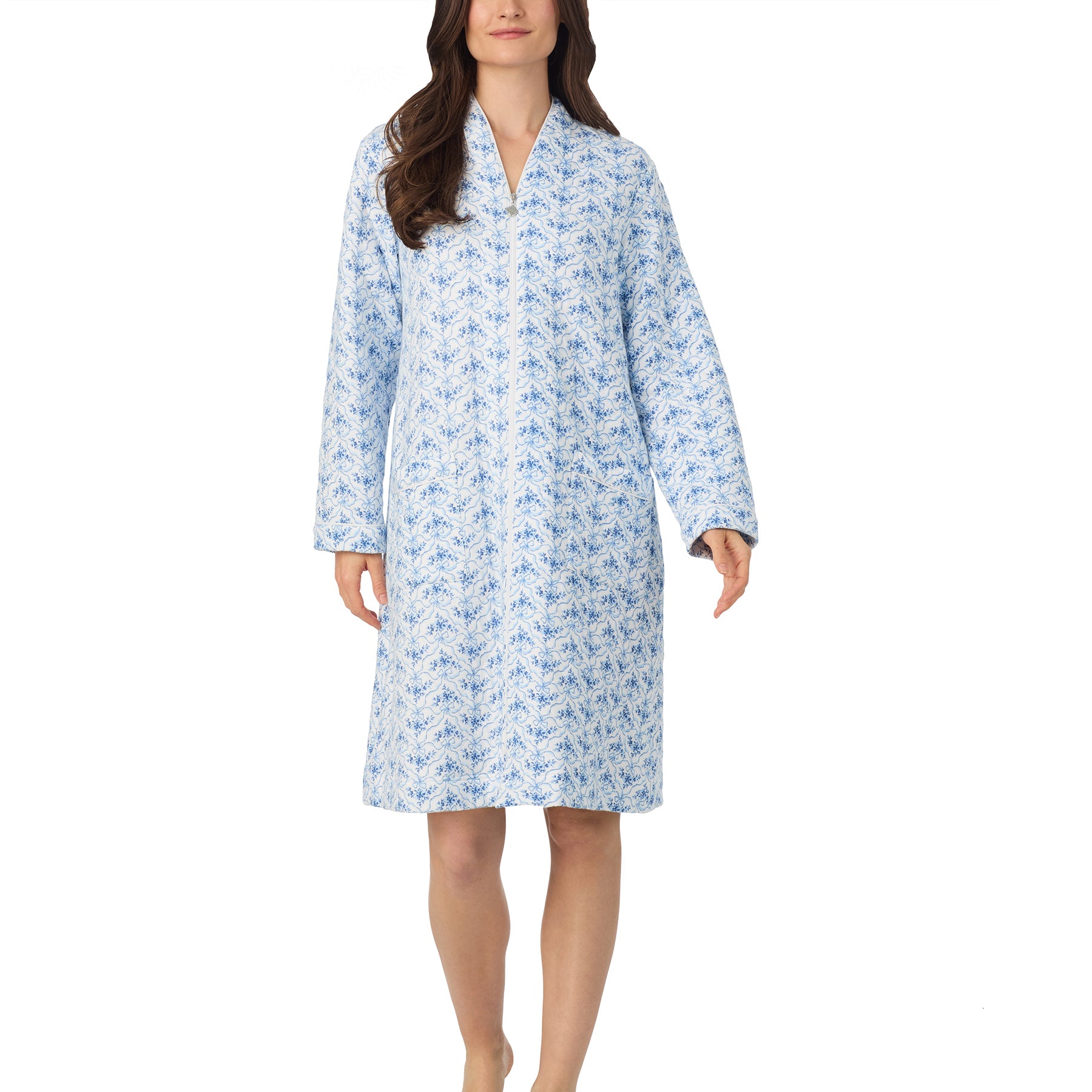 Front view of blue and white floral zip robe featuring long sleeves and a relaxed fit.