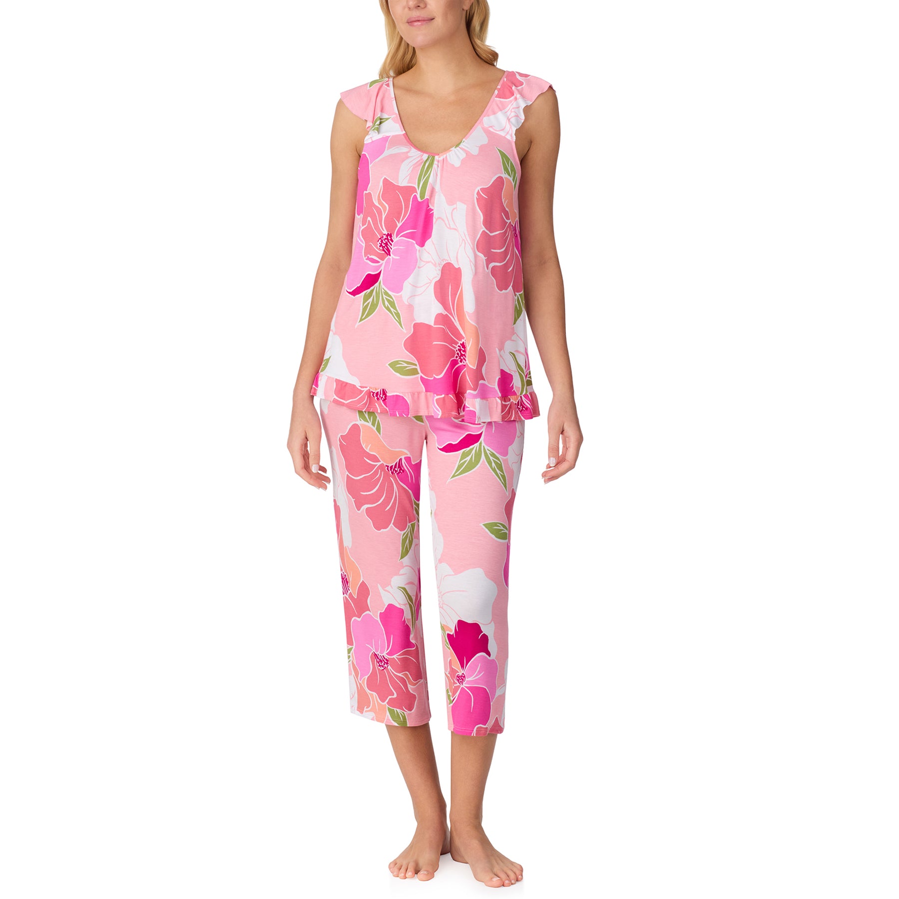 Sleeveless floral pyjama top with ruffle trim paired with matching pink floral capri pants, shown from the front.
