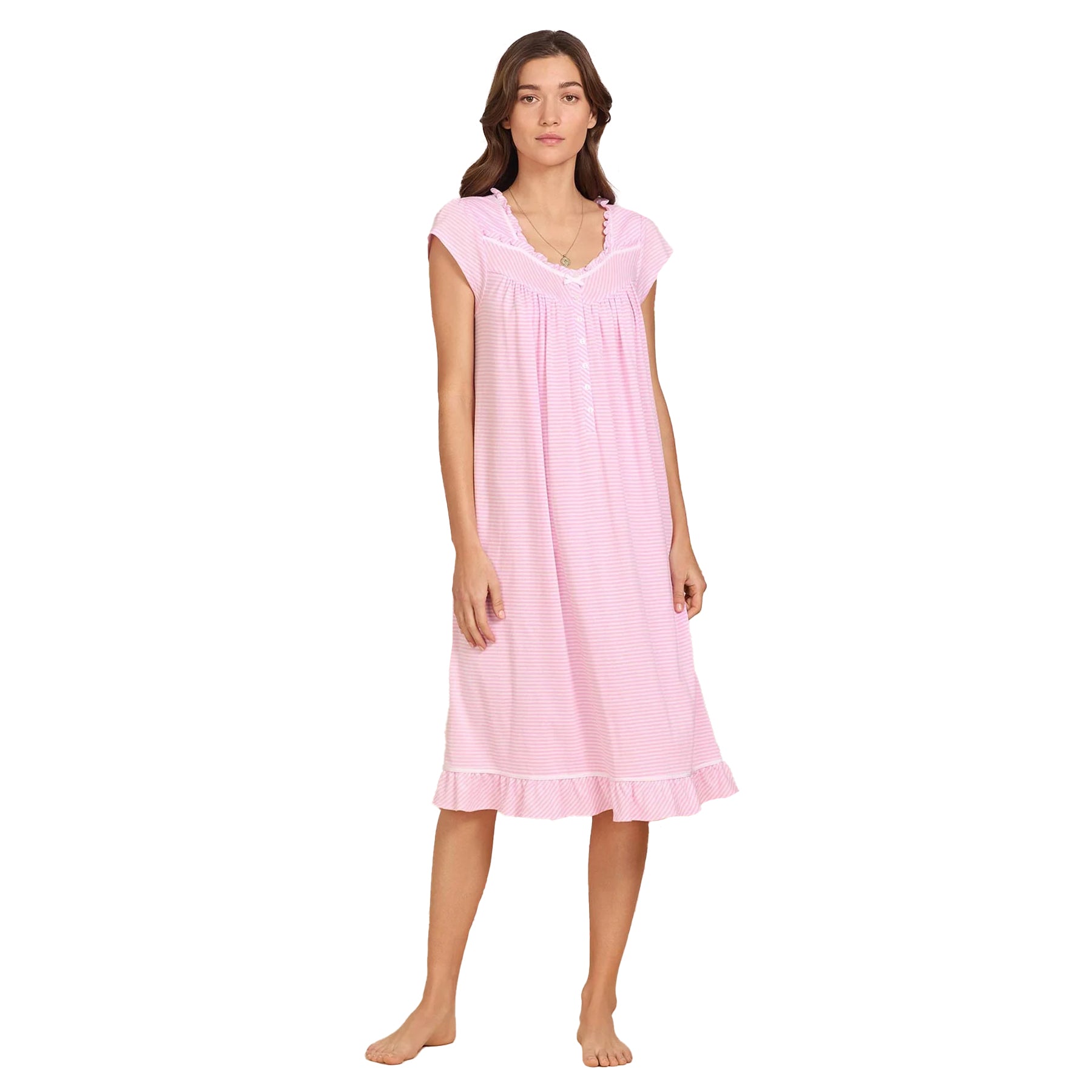Front view of Eileen West pink striped short sleeve nightgown with relaxed silhouette and ruffle hem.