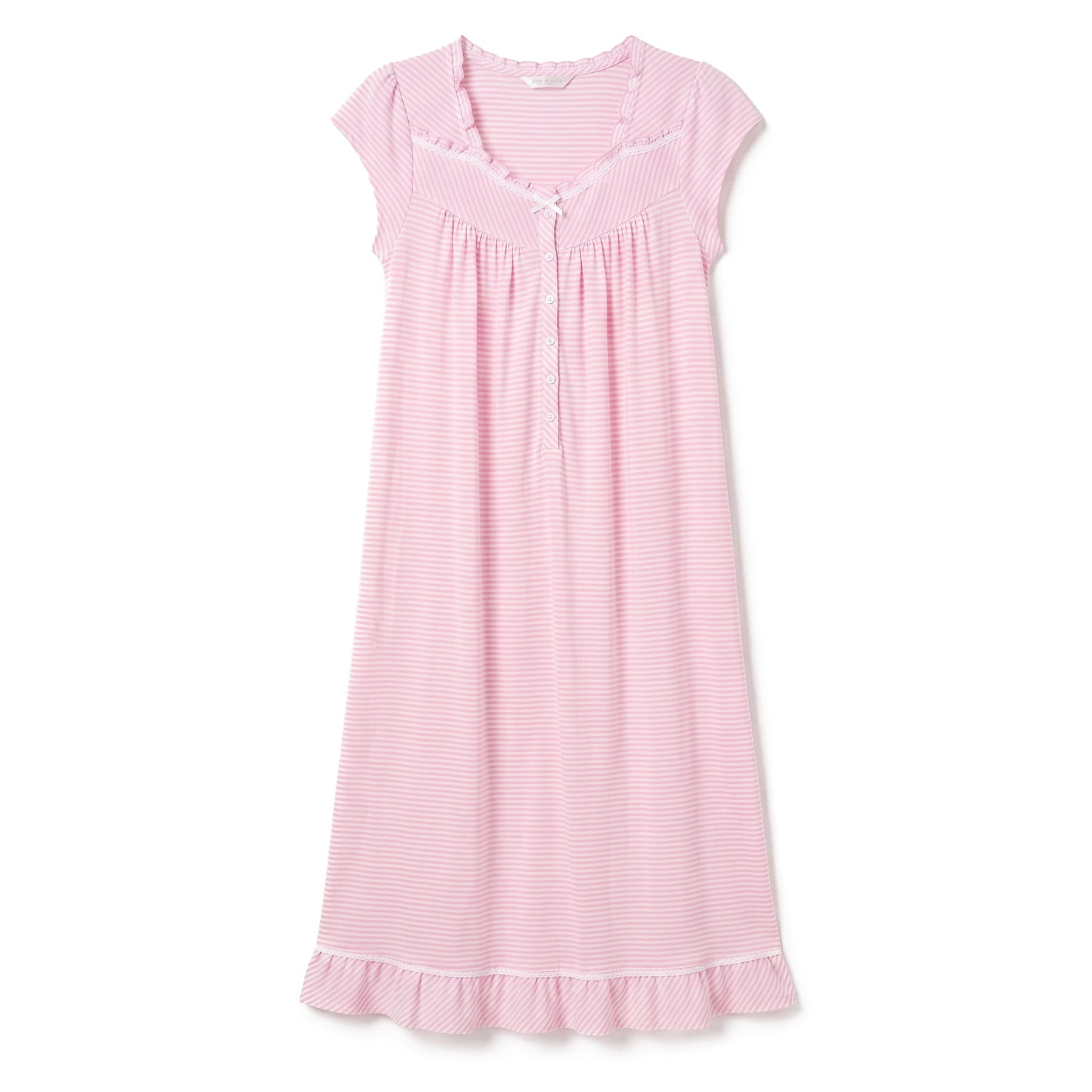 Flat lay of Eileen West pink striped short sleeve nightgown with button front and ruffle hem on white background.
