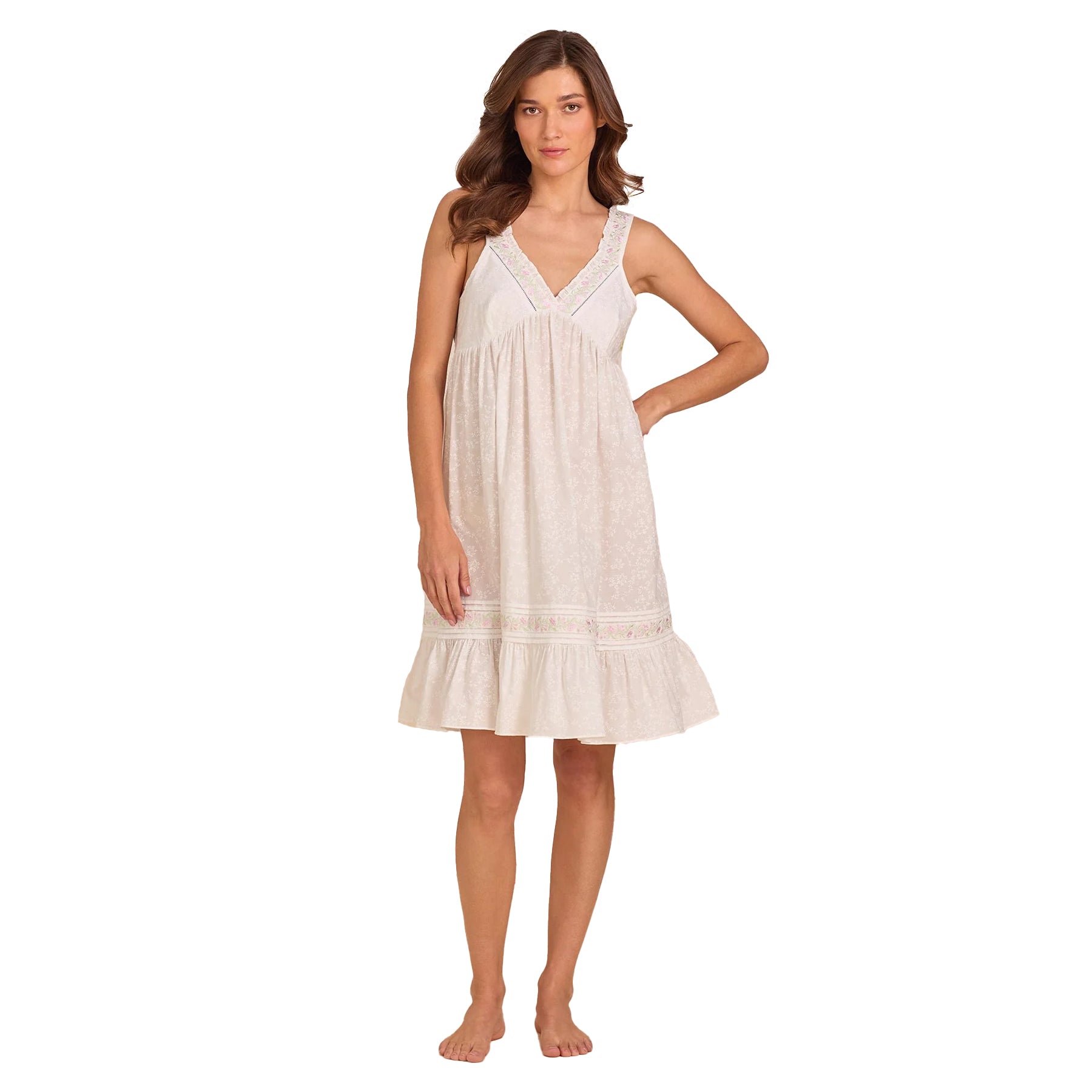 Front view of Eileen West sleeveless white nightgown with pink embroidered trim, soft floral print, and ruffle hem detail.