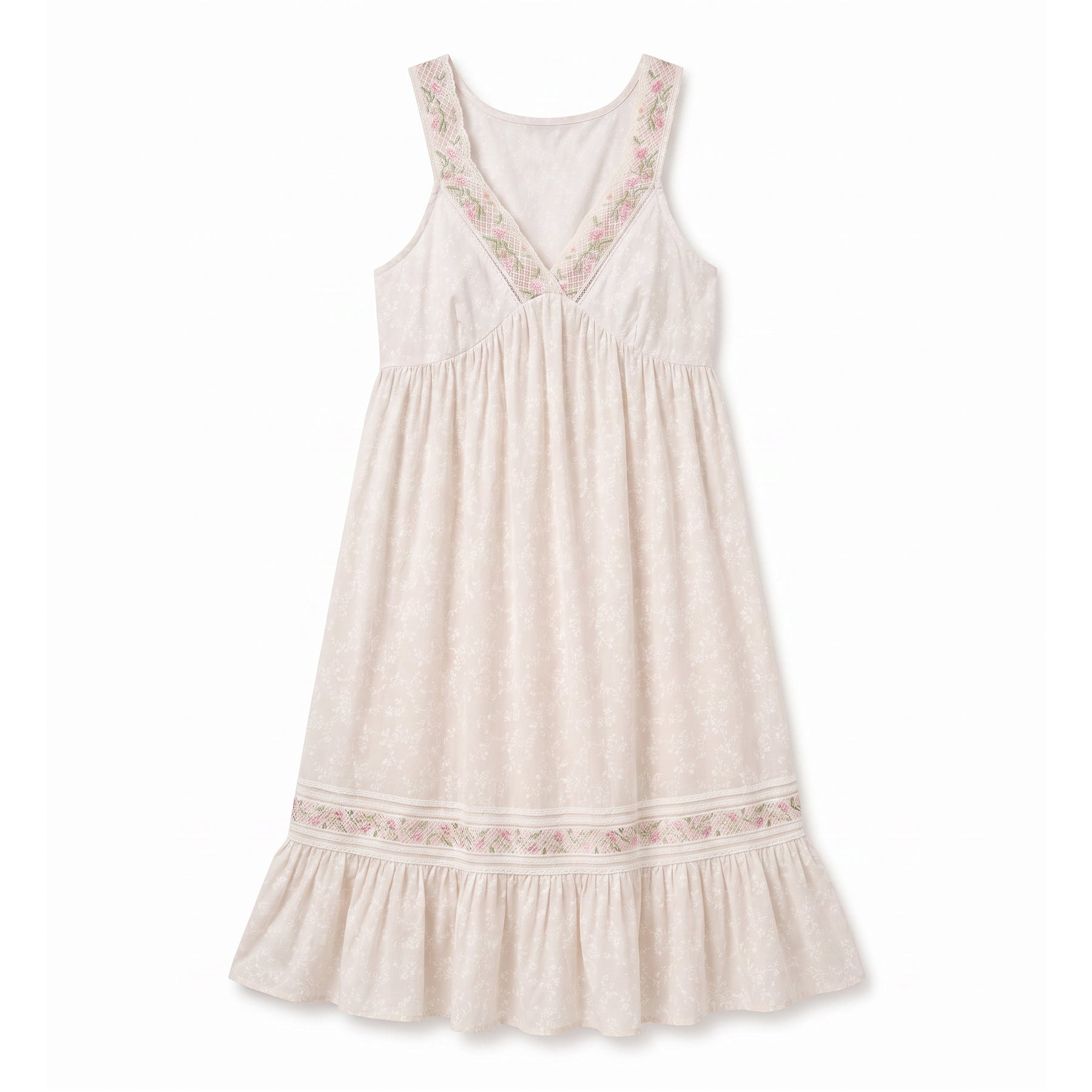 Flat lay of Eileen West white floral sleeveless nightgown with embroidered trim and ruffle hem on white background.