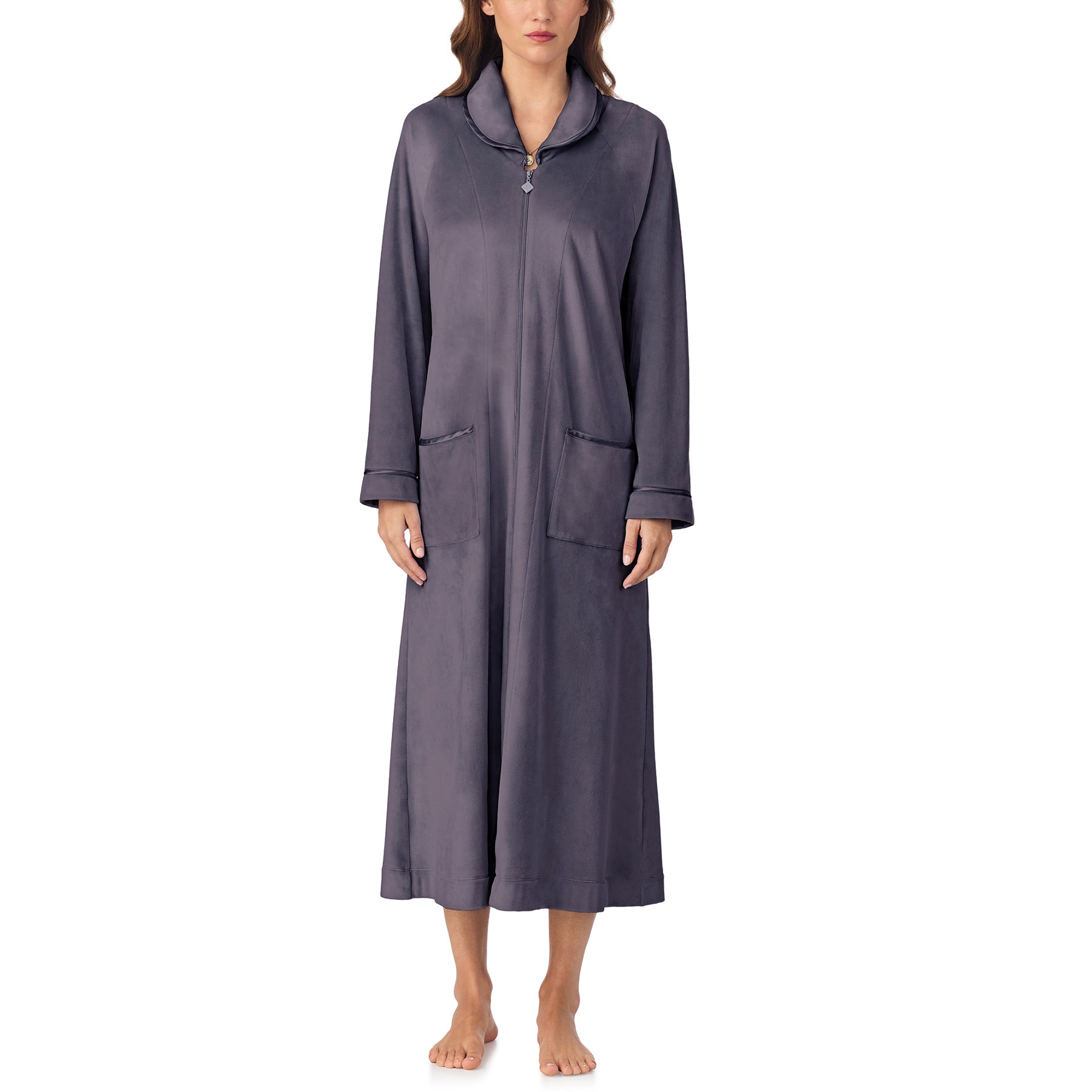 Front view of woman in full-length charcoal velour robe with zip closure and front pockets.