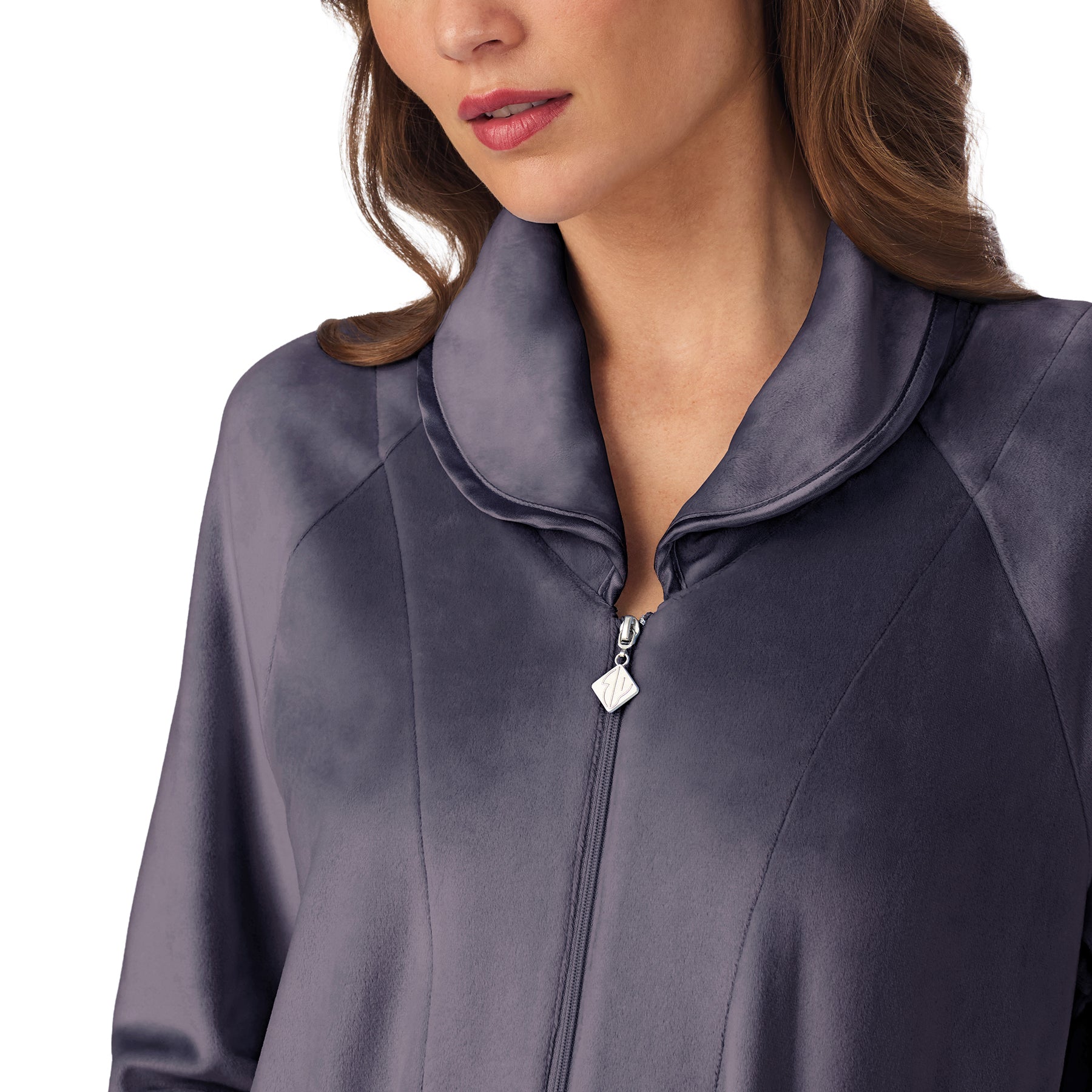 Detailed view of collar and zipper on charcoal velour robe, highlighting smooth texture