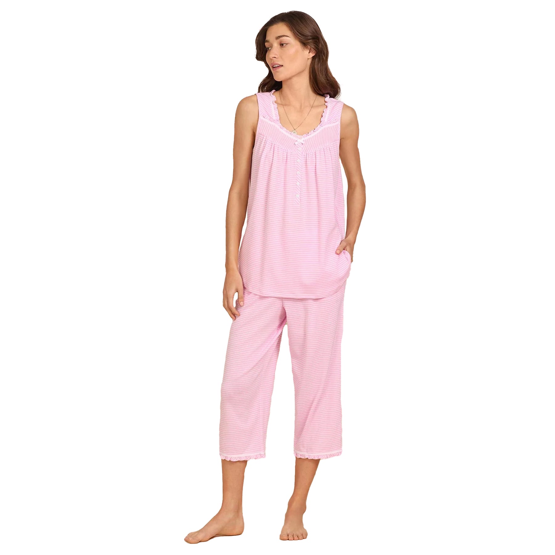 Pink striped sleeveless pyjama set with button-front tank top and cropped lounge pants featuring soft ruffle trim.