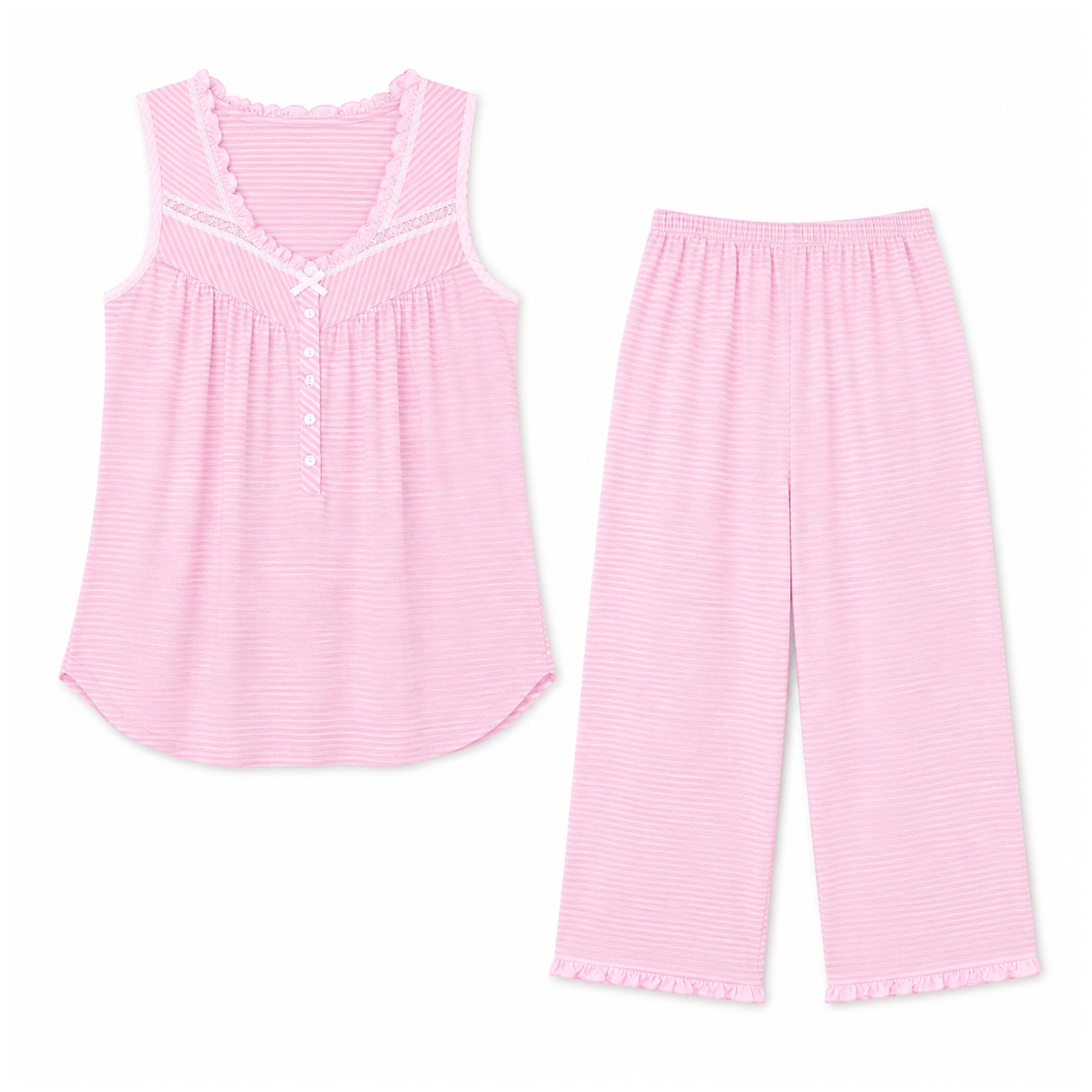 Flat lay of pink striped sleeveless pyjama set with soft knit tank top and matching cropped sleep pants.