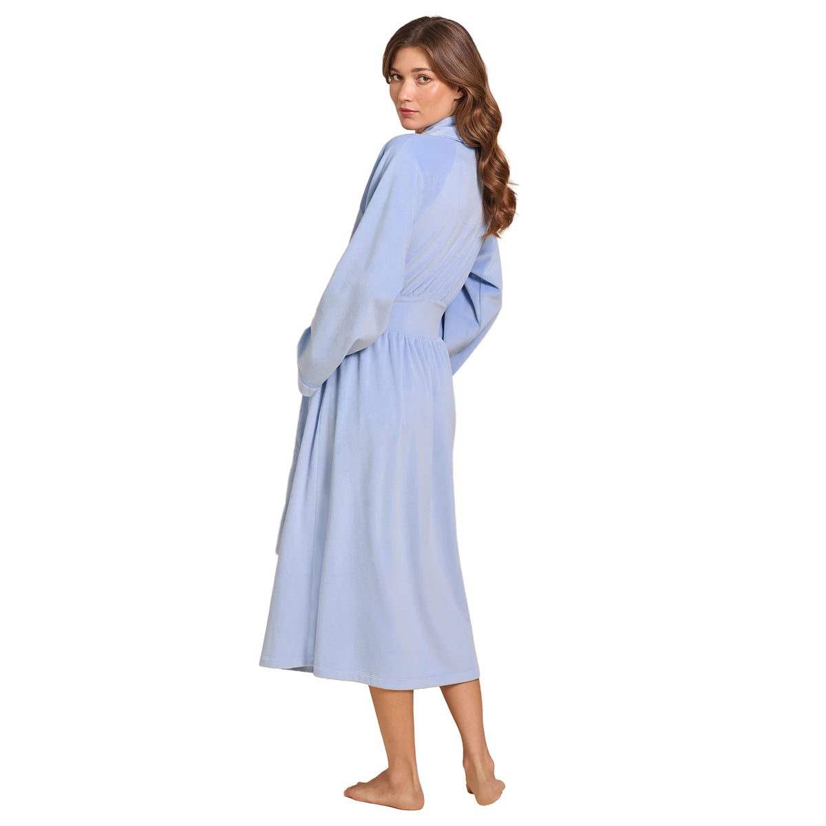 Model showing the back of a light blue long robe with a gathered waist, long sleeves, and a relaxed, flowing silhouette.