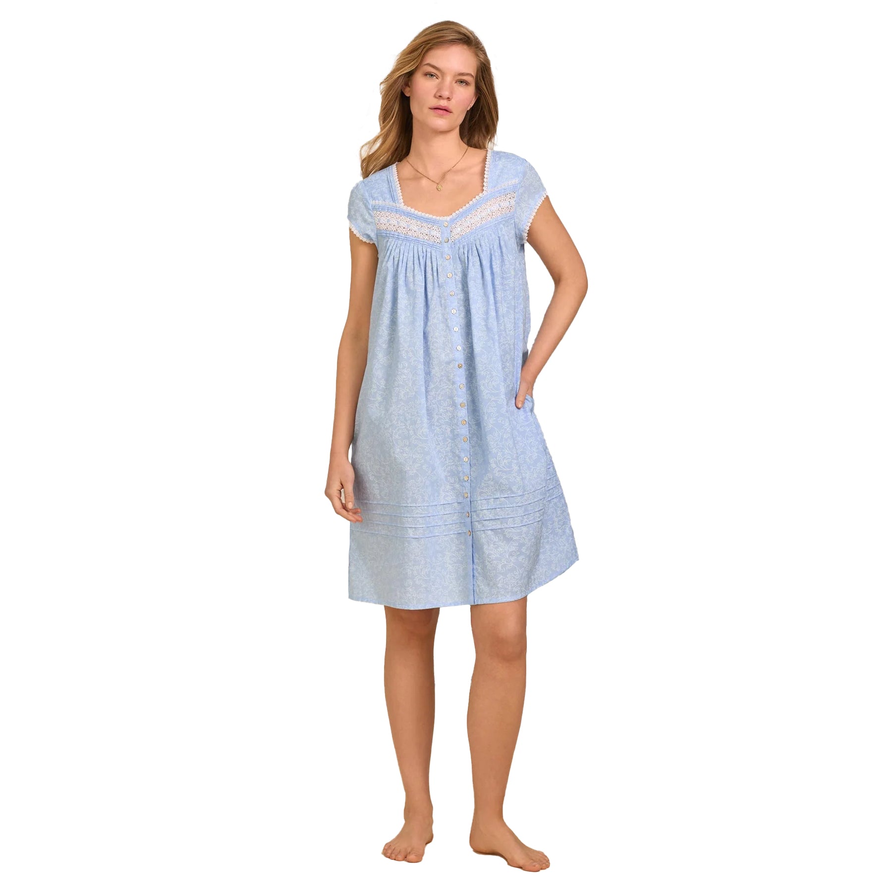 Full-length front view of women’s light blue floral cotton nightgown with lace neckline and short sleeves