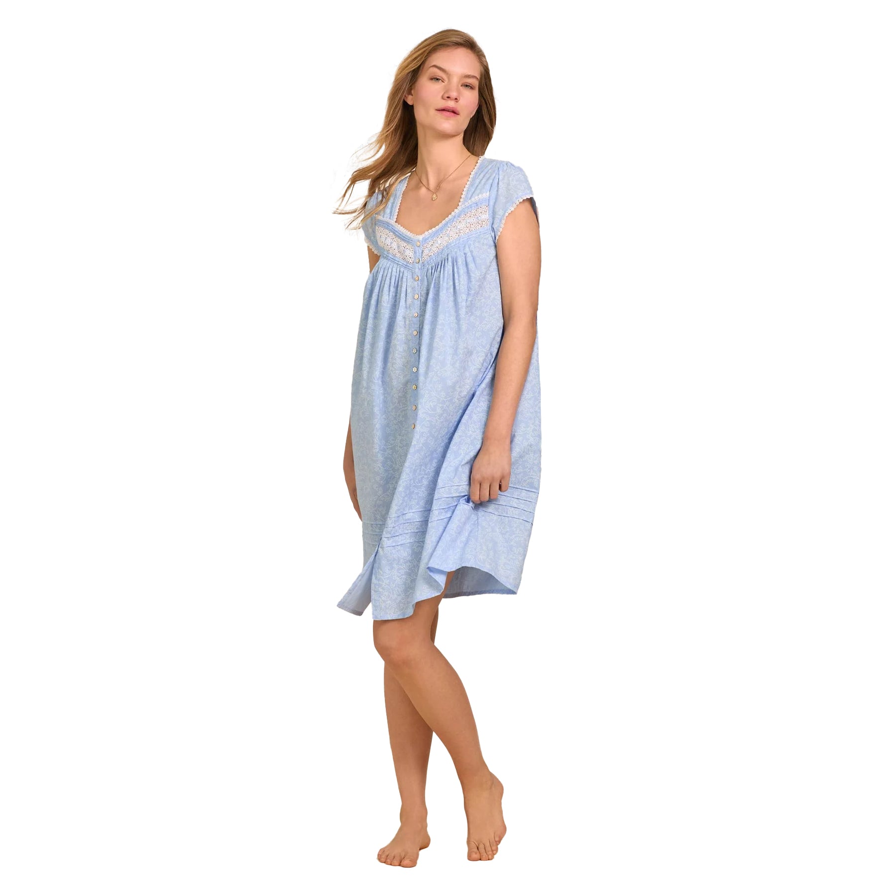 Front angled view of soft blue cotton nightdress with lace detailing and relaxed flowy silhouette