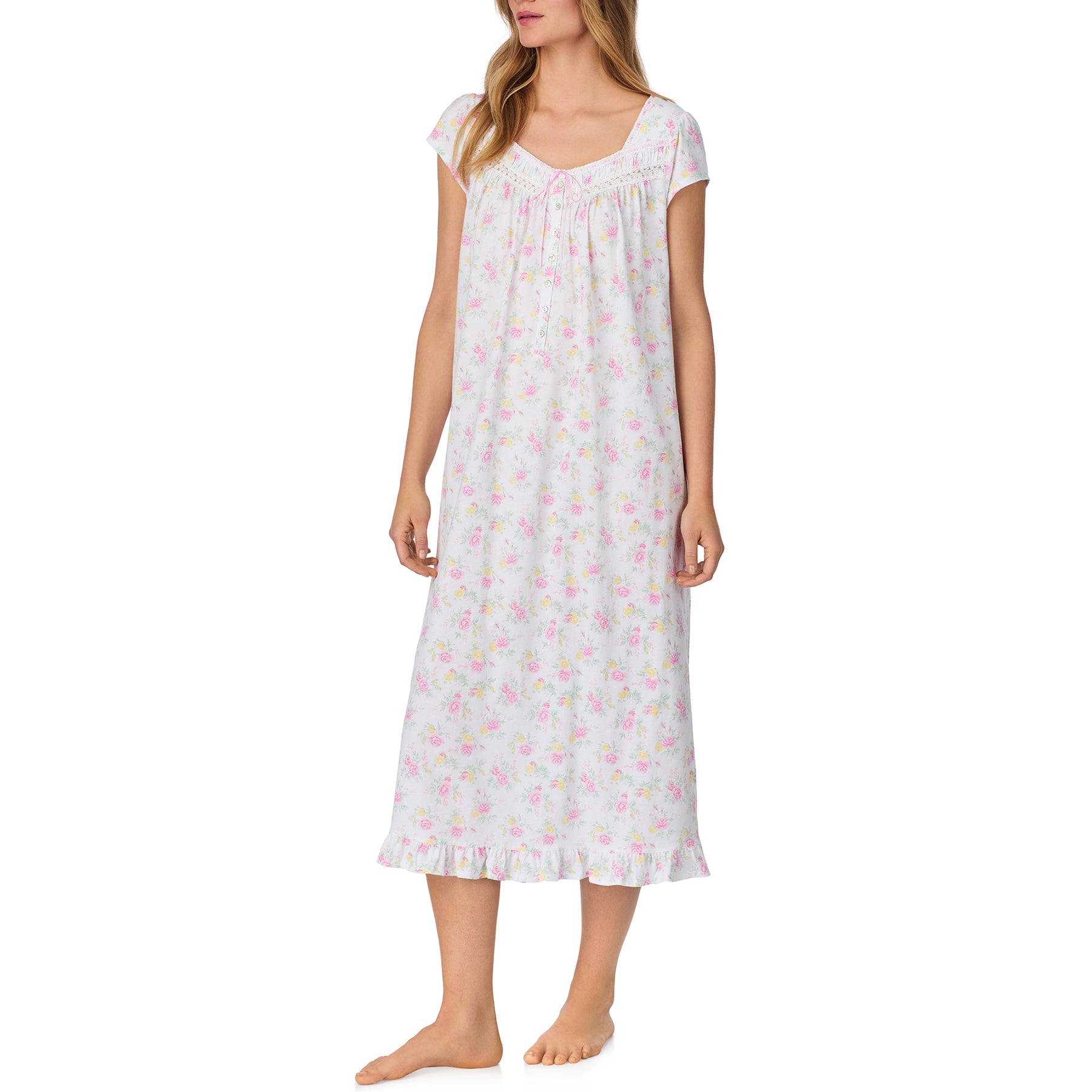 Angled side view of pink and yellow rose print nightgown with relaxed fit.