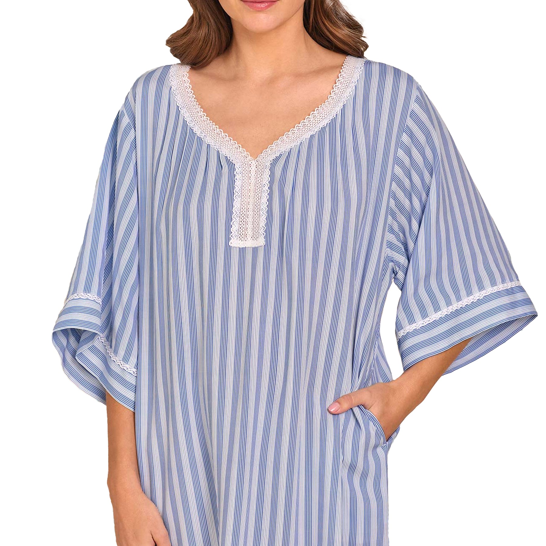 Close-up of lace-trim V-neckline on blue and white striped cotton nightgown