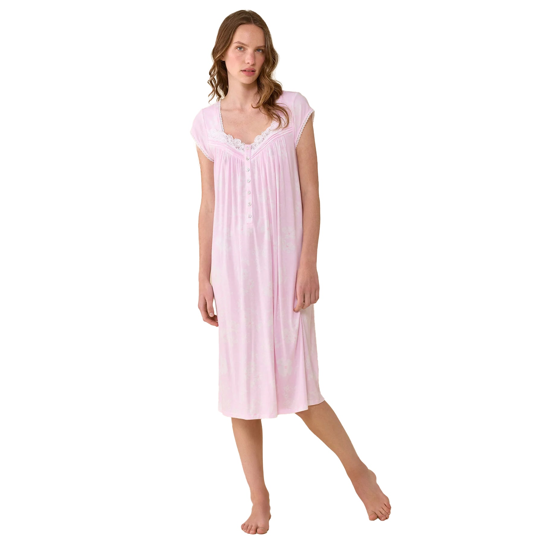 Eileen West pink floral nightgown with lace-trimmed neckline, cap sleeves, and flowing midi silhouette in soft pastel print.