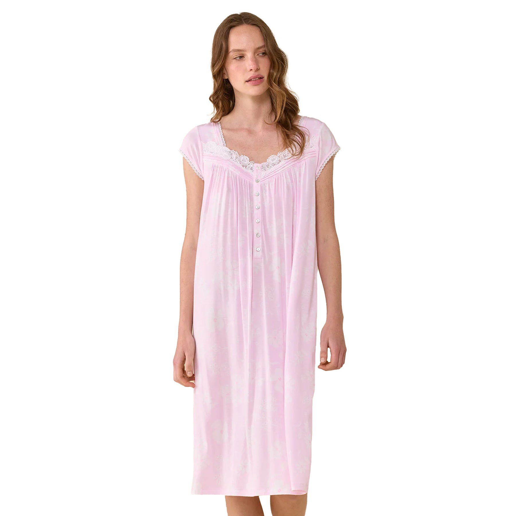 Front view of Eileen West pastel pink sleep gown featuring delicate lace details, button-front placket, and relaxed feminine fit.