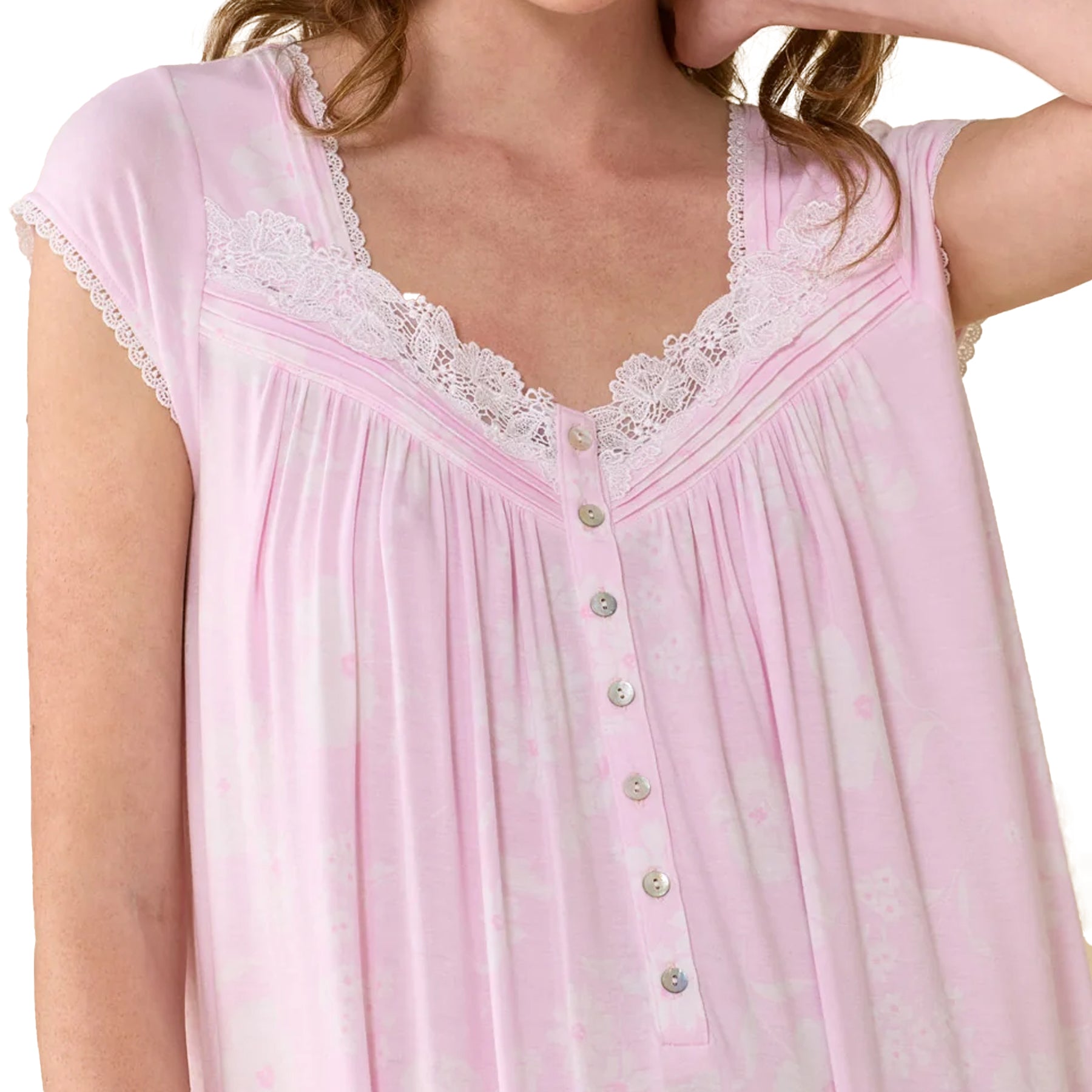 Close-up of Eileen West floral nightgown with soft gathers, lace neckline, and pearlized button detailing in blush pink print.