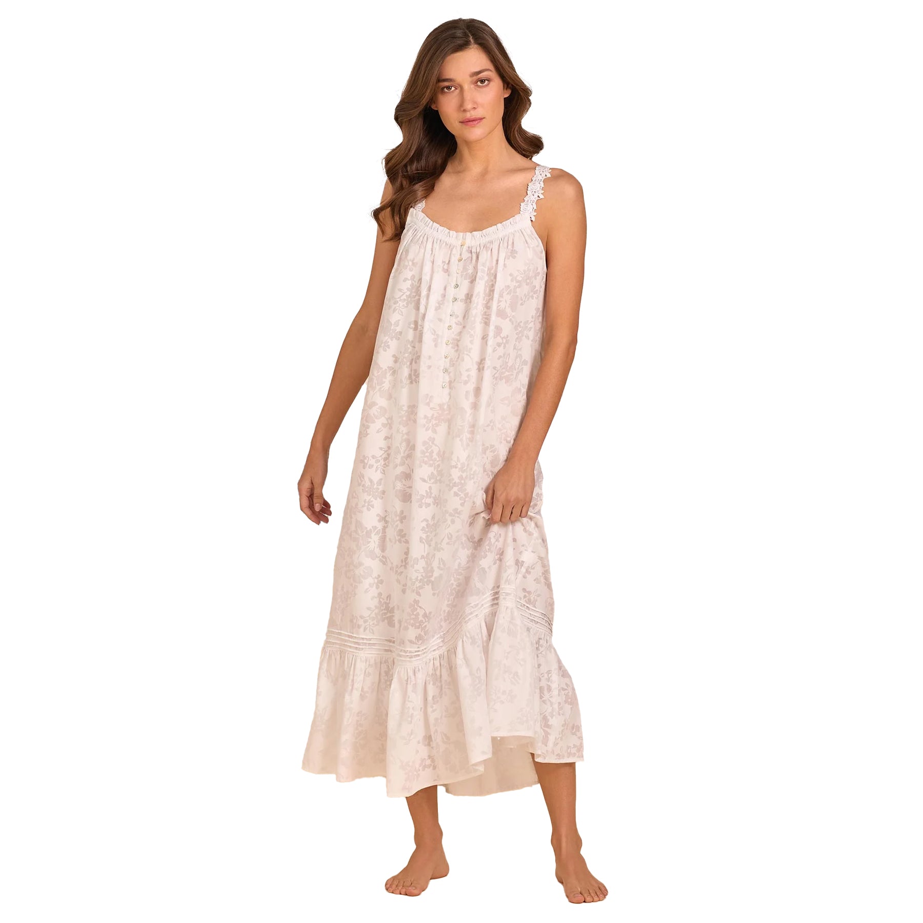 Full-length front view of women’s sleeveless cotton nightgown in blush floral print with lace straps and flowing silhouette
