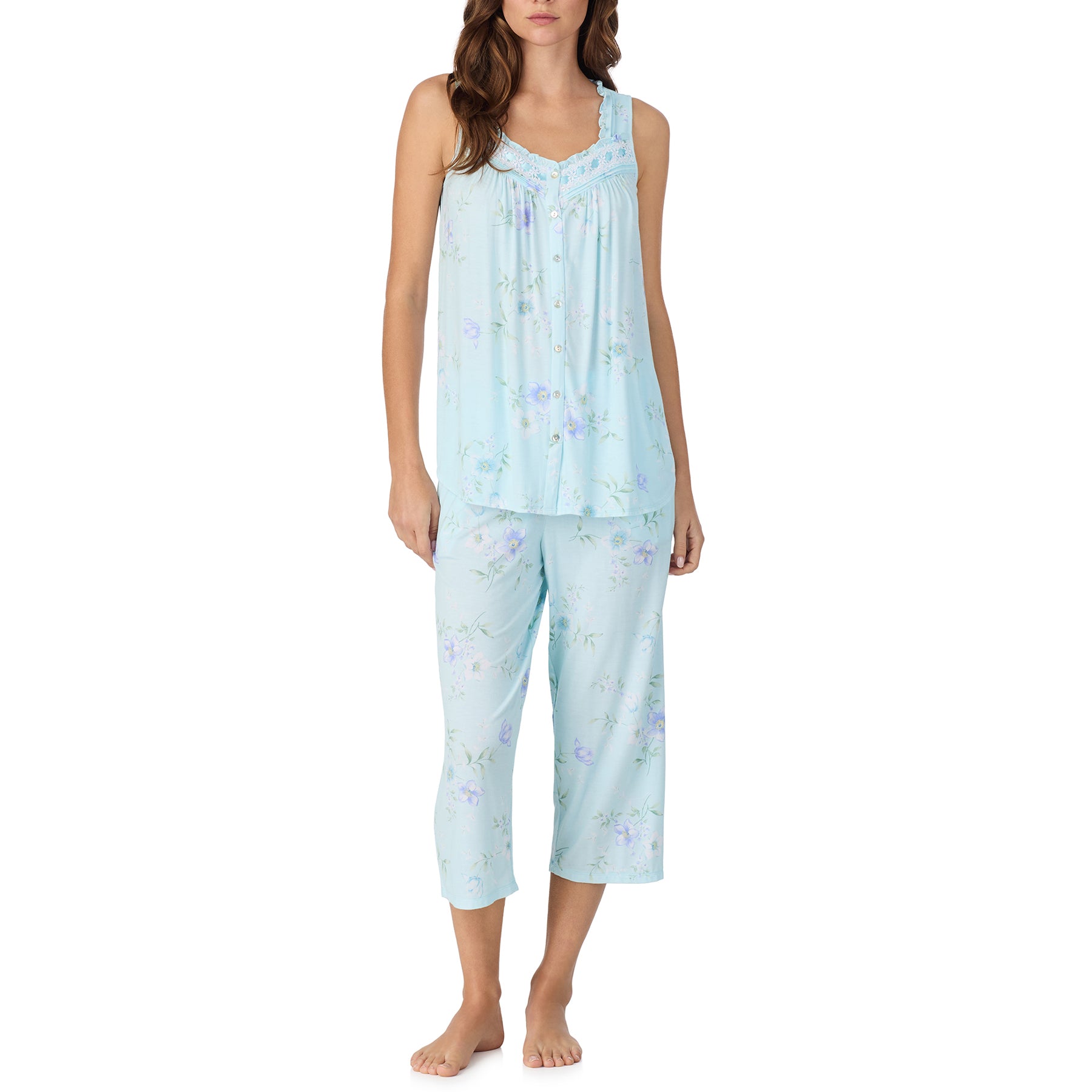 Light blue floral sleeveless pajama set with lace trim top and cropped pants, relaxed fit sleepwear front view