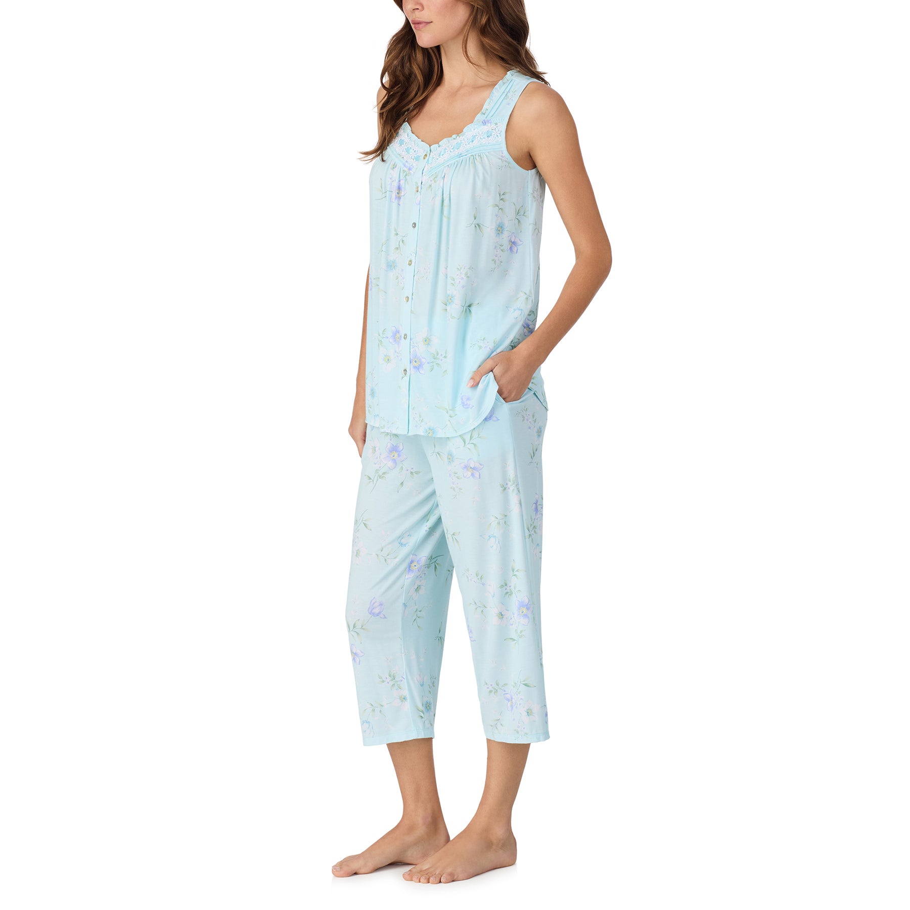 Side view of blue floral pajama set with flowy sleeveless top and comfortable capri pants, soft breathable fabric