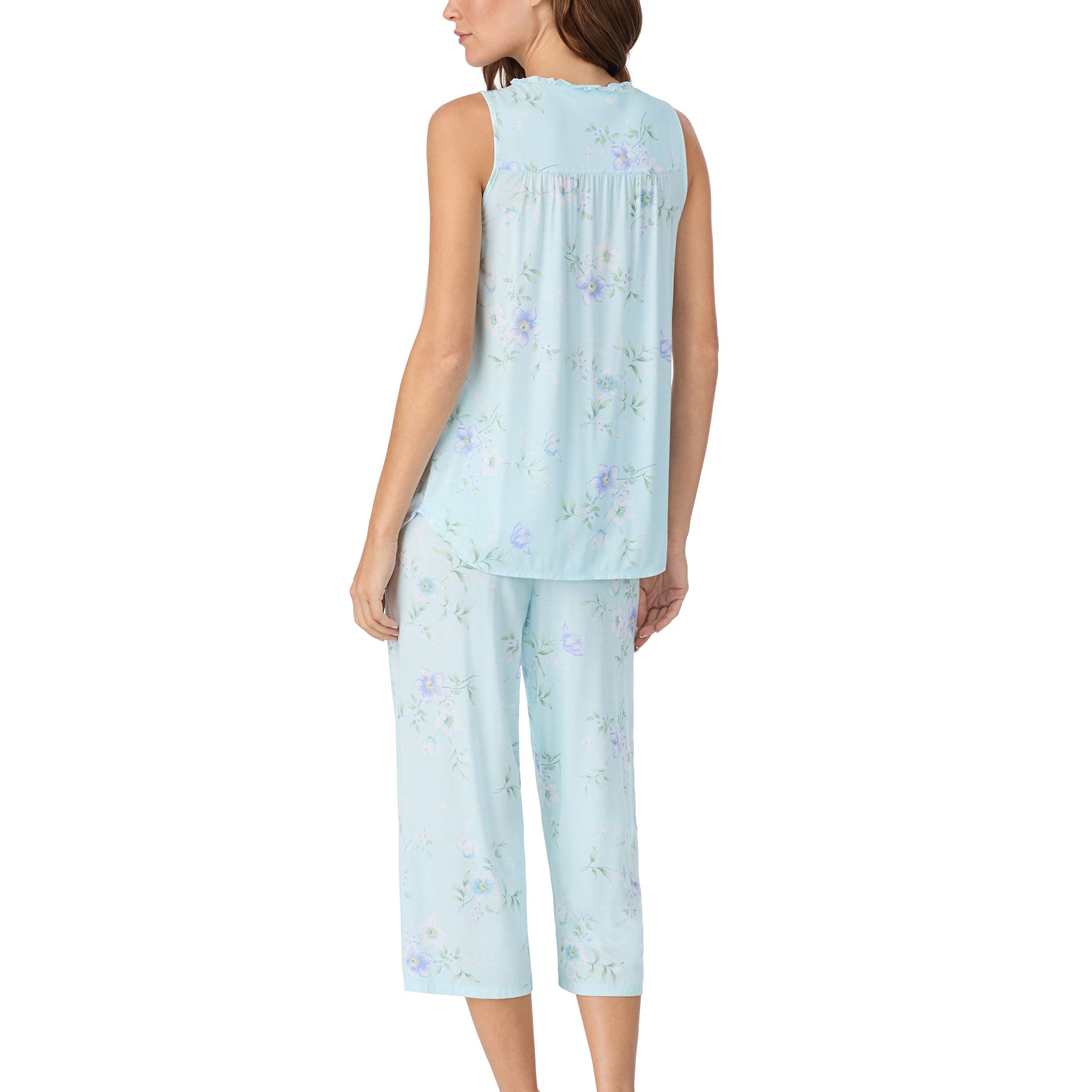 Back view of light blue floral pajama set with loose fit top and cropped pants, airy and elegant loungewear