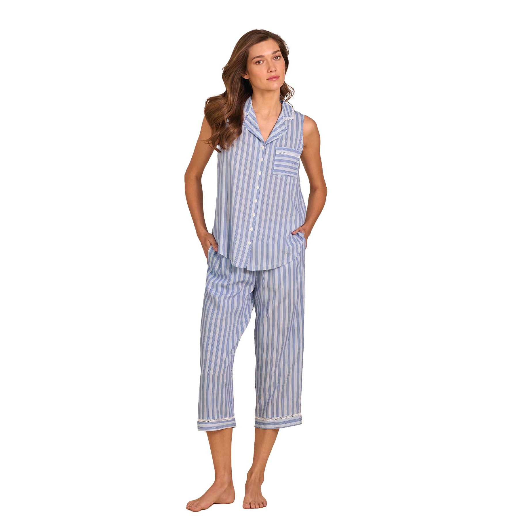 Full-length front view of women’s blue striped cotton pyjama set with sleeveless button-down top and cropped pants
