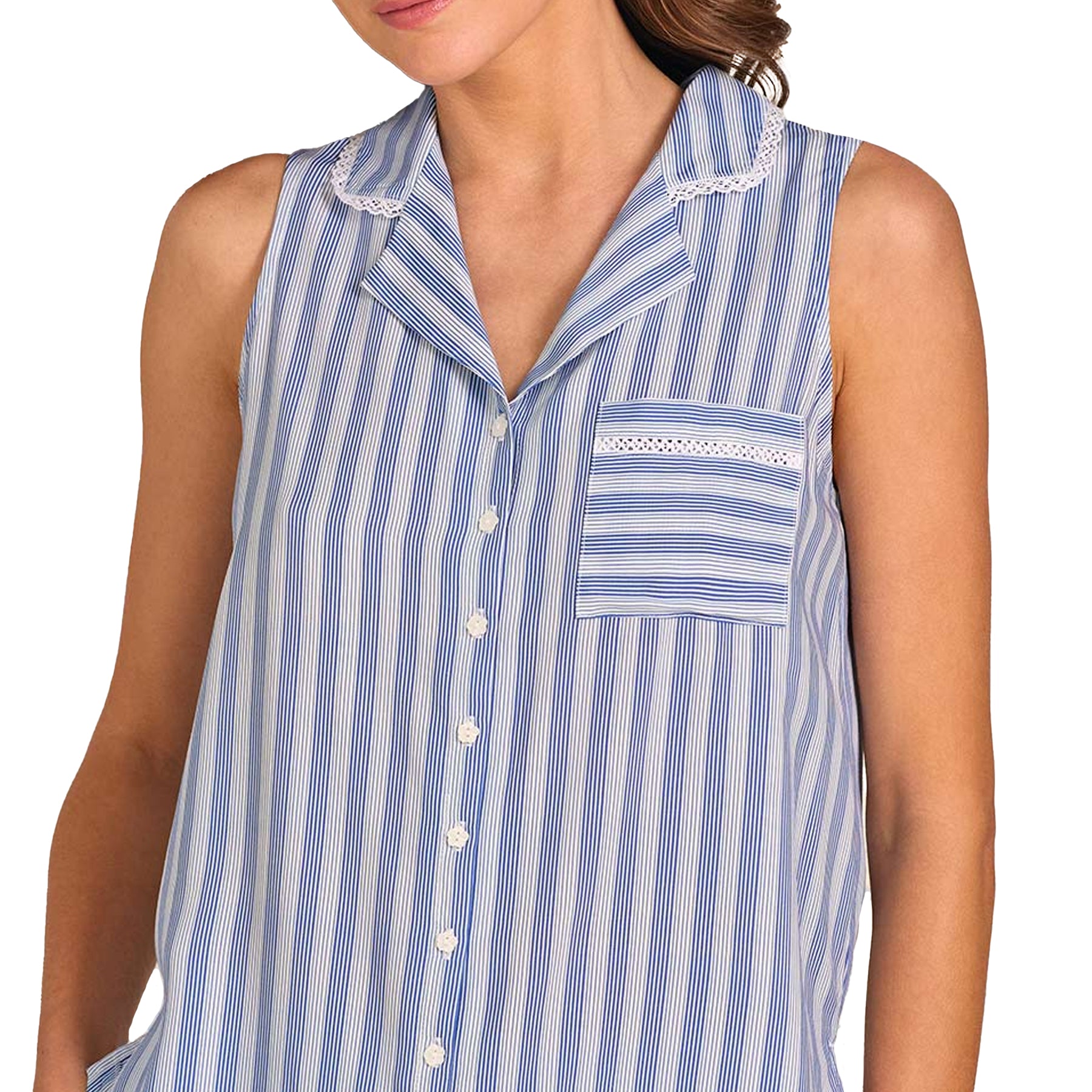 Close-up of sleeveless collared top with button front and chest pocket on blue striped cotton pyjama set