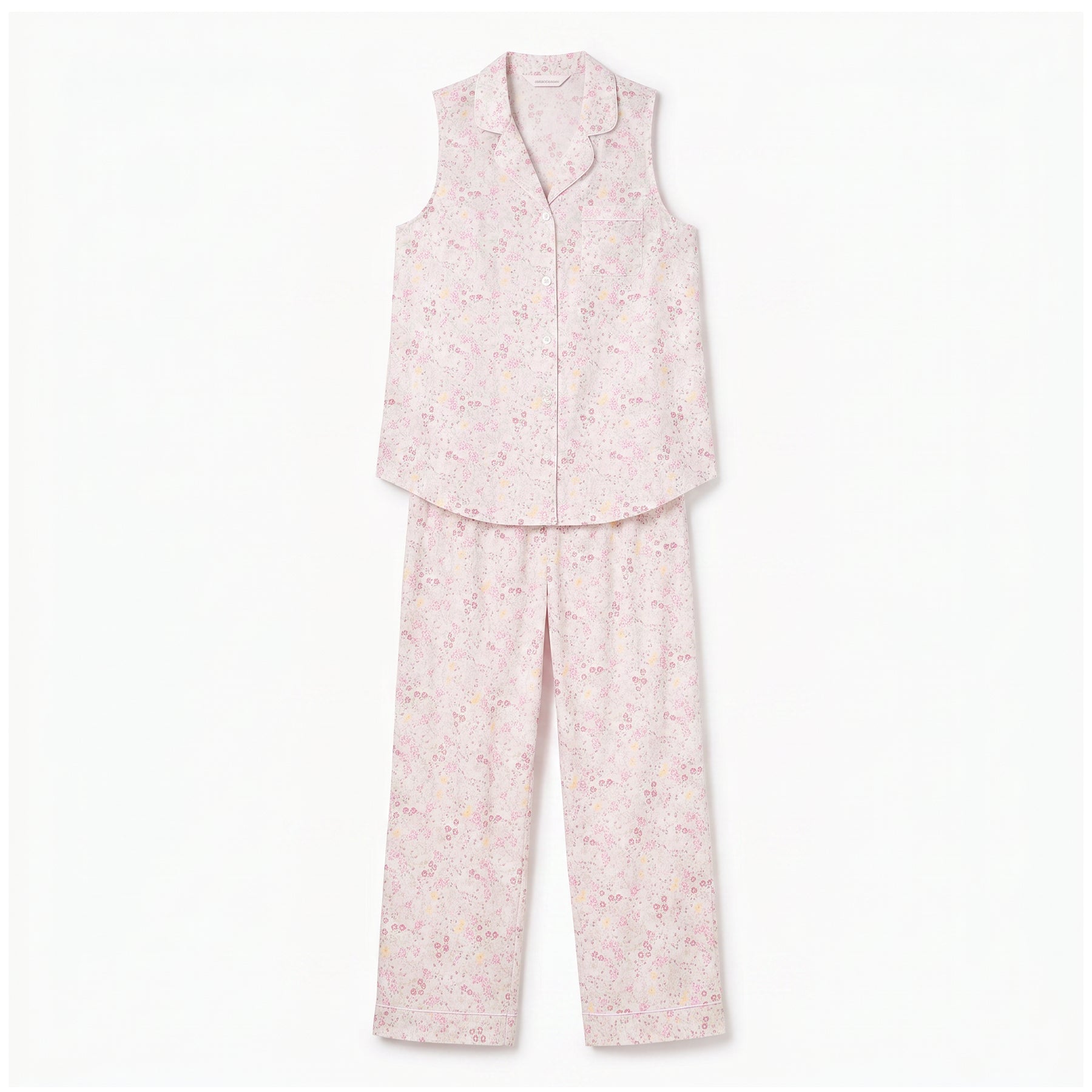 Flat layout of a sleeveless cotton pyjama set with cropped pants, floral print, and button-front collared top on white background.