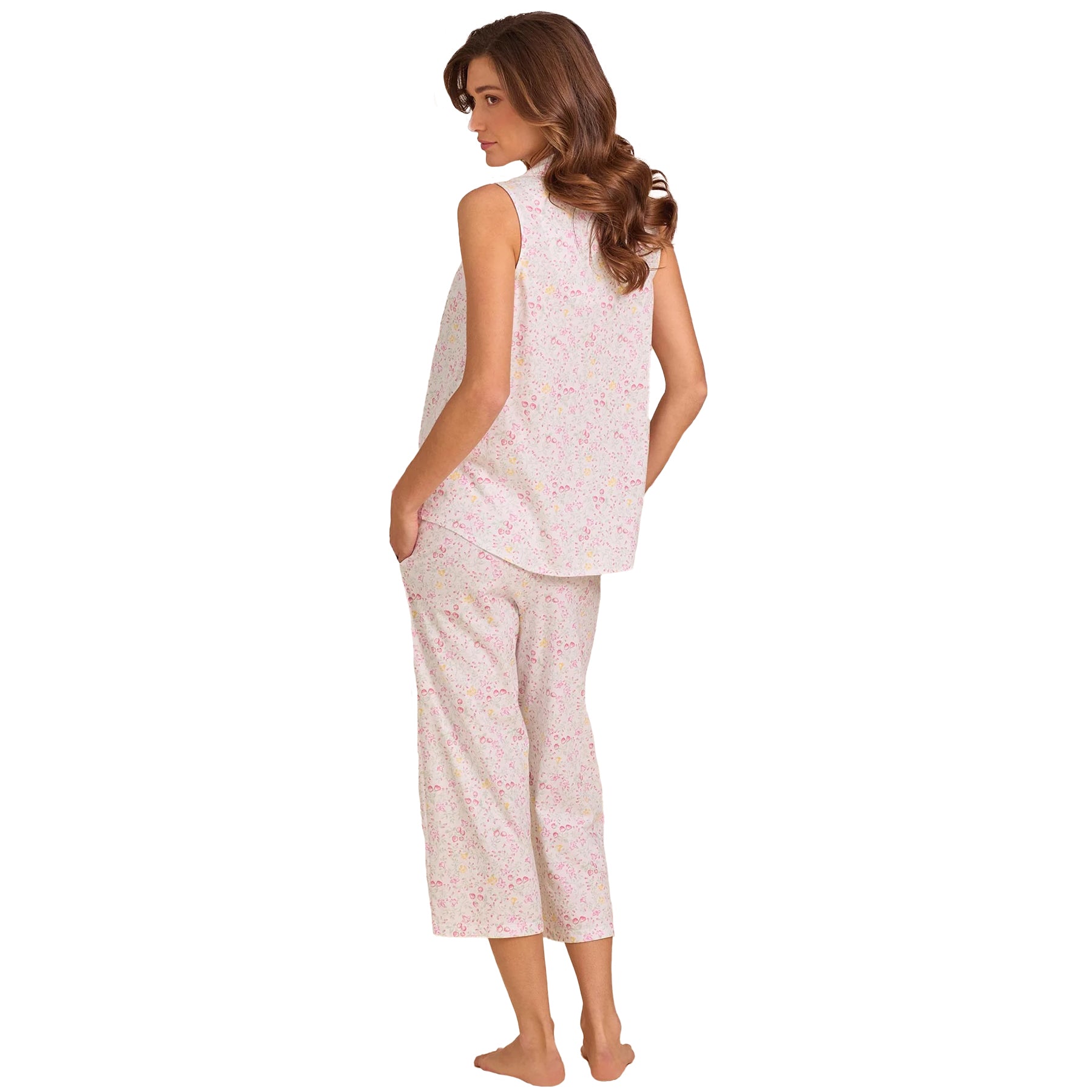 Back view of a sleeveless floral pyjama set with cropped pants in lightweight cotton fabric and soft pastel tones.