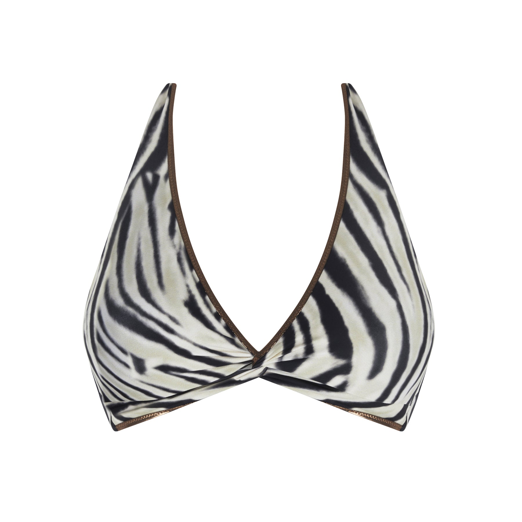 Zebra-print triangle bikini top in ivory and black with bronze trim and twist-front detail, photographed on a white background.