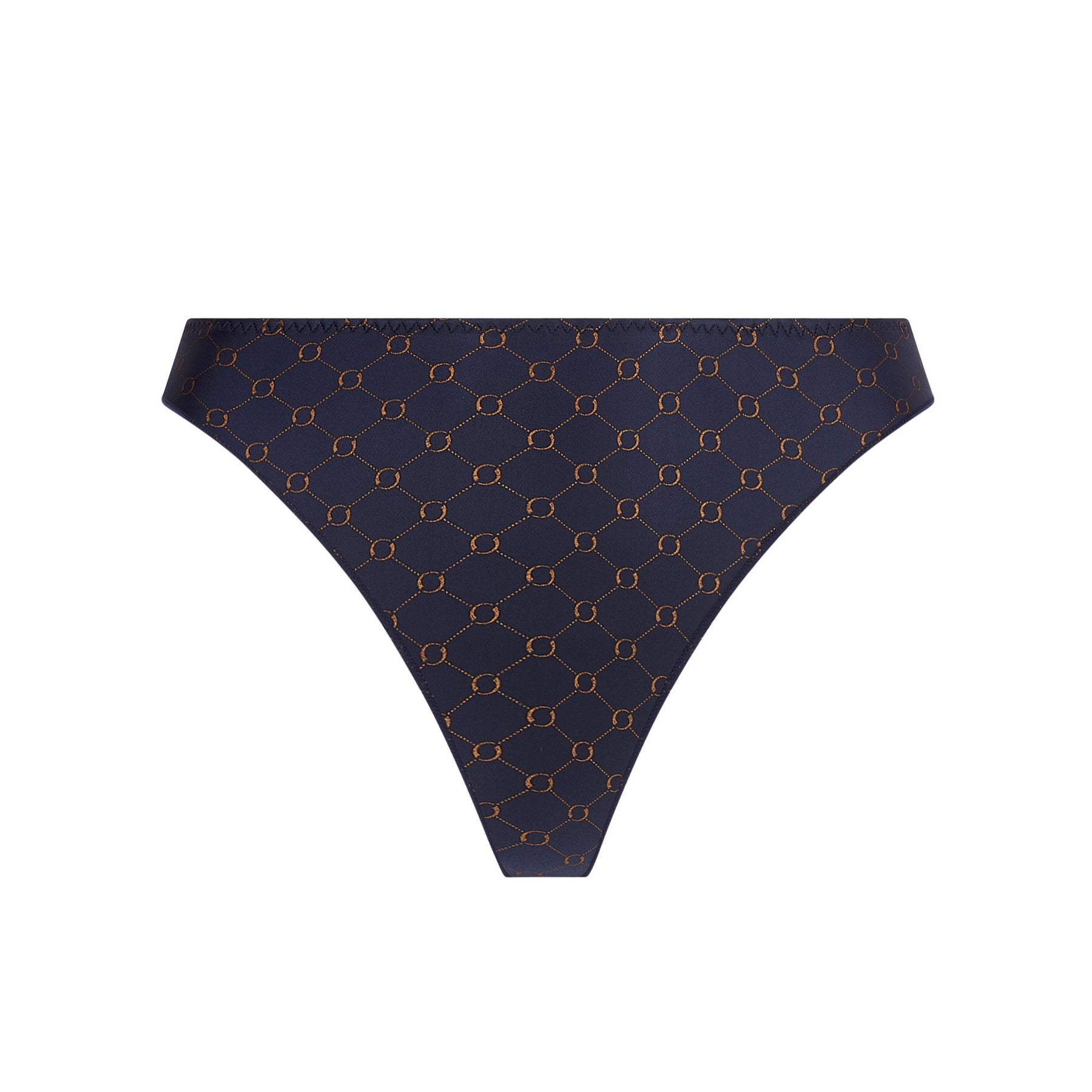 Front view of navy thong with copper chain-link embroidery on a white background.
