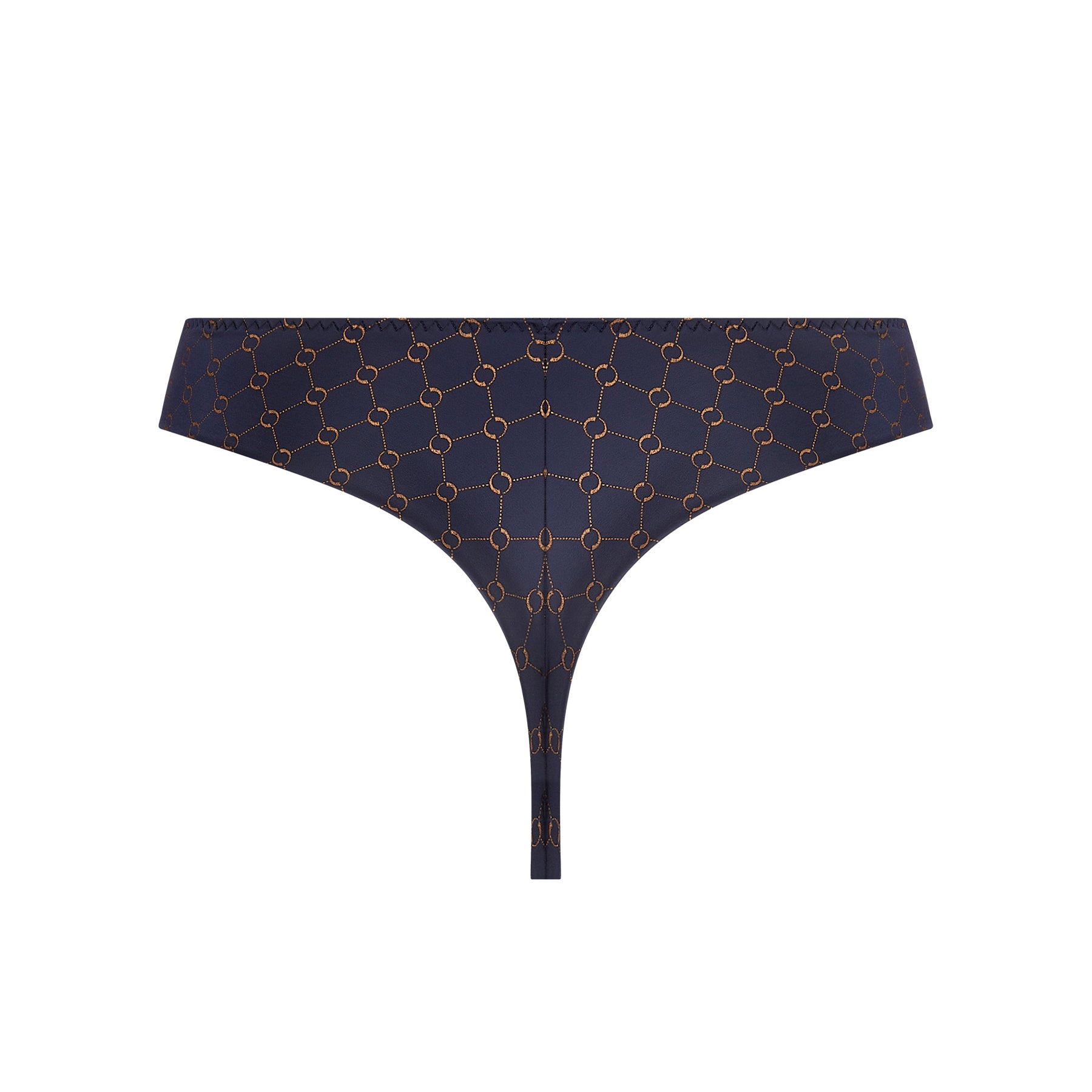 Back view of navy thong with copper geometric embroidery on a white background.