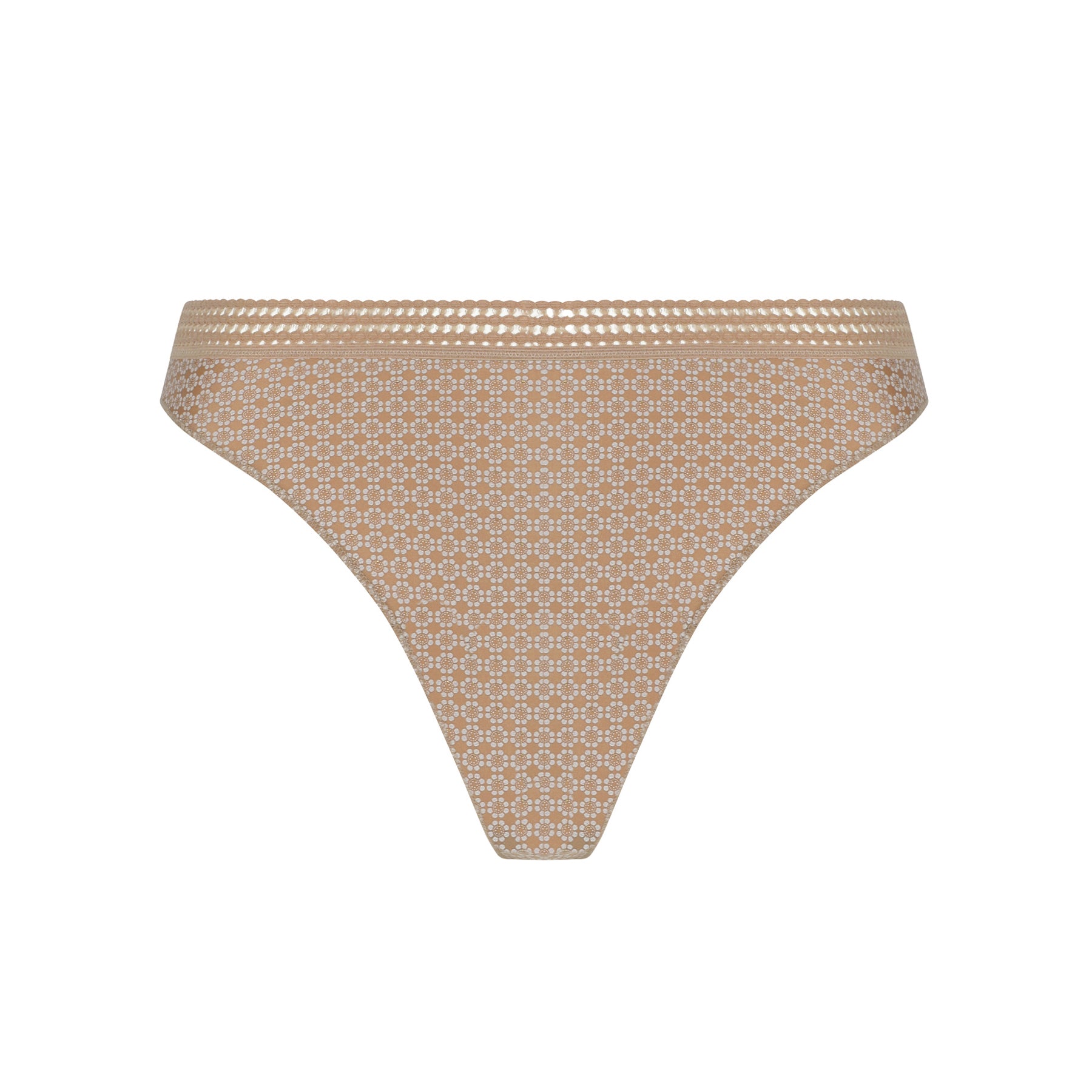 Nude thong underwear with delicate micro floral print and lace waistband on white background.