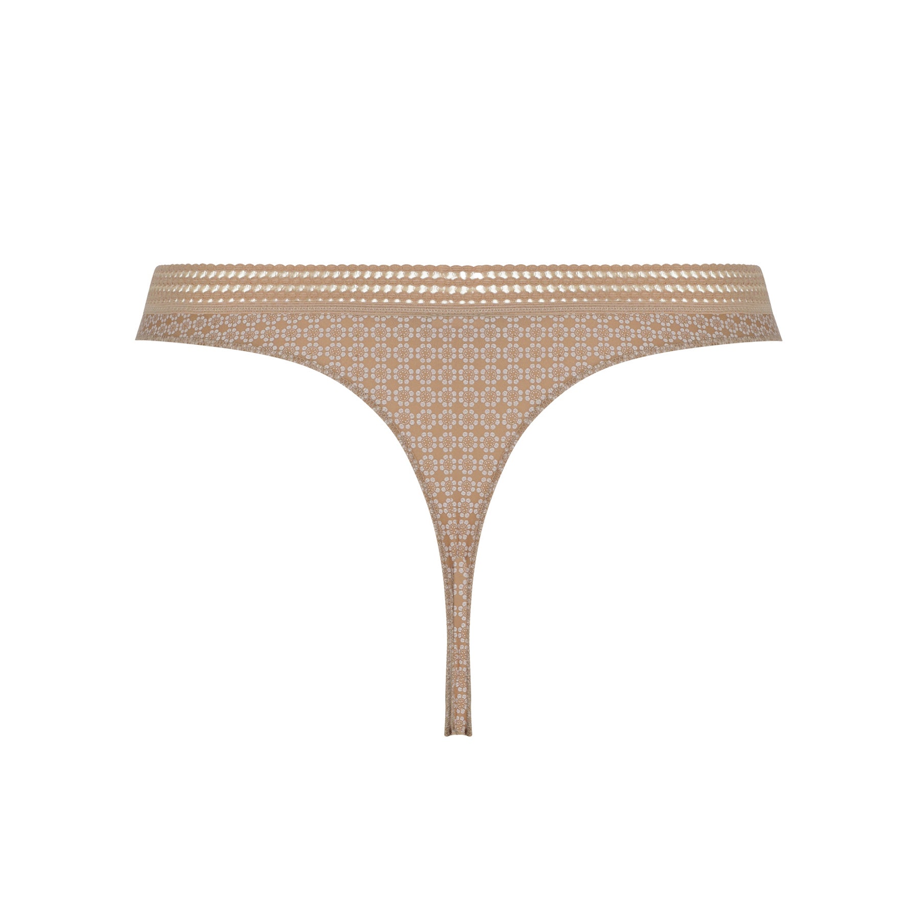 Back view of nude thong featuring a smooth seamless finish and lace trim waistband.