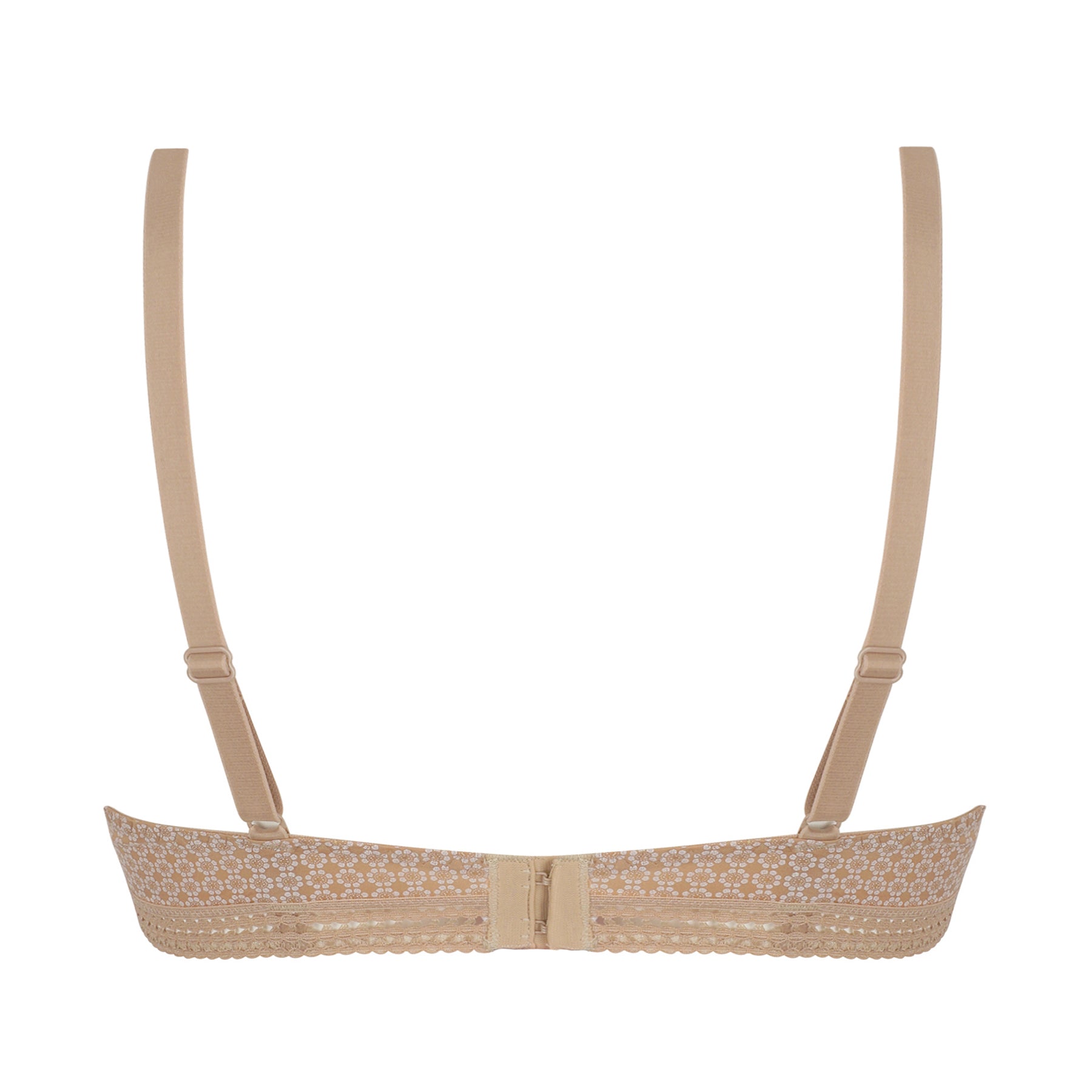 Back view of nude bra featuring adjustable straps, hook-and-eye closure, and lace band detailing.