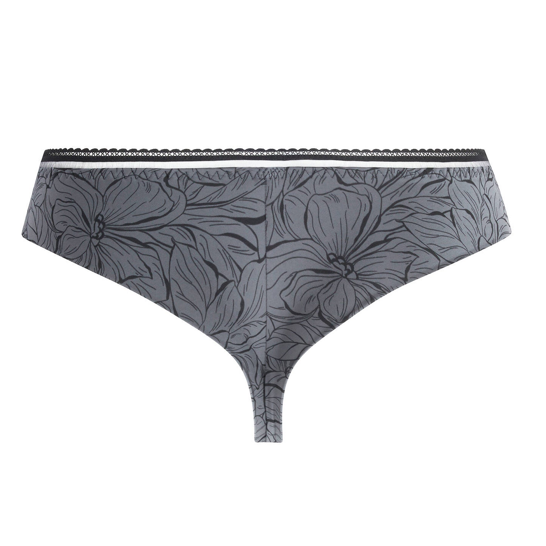 Gray floral-patterned underwear with lace trim on a white background
