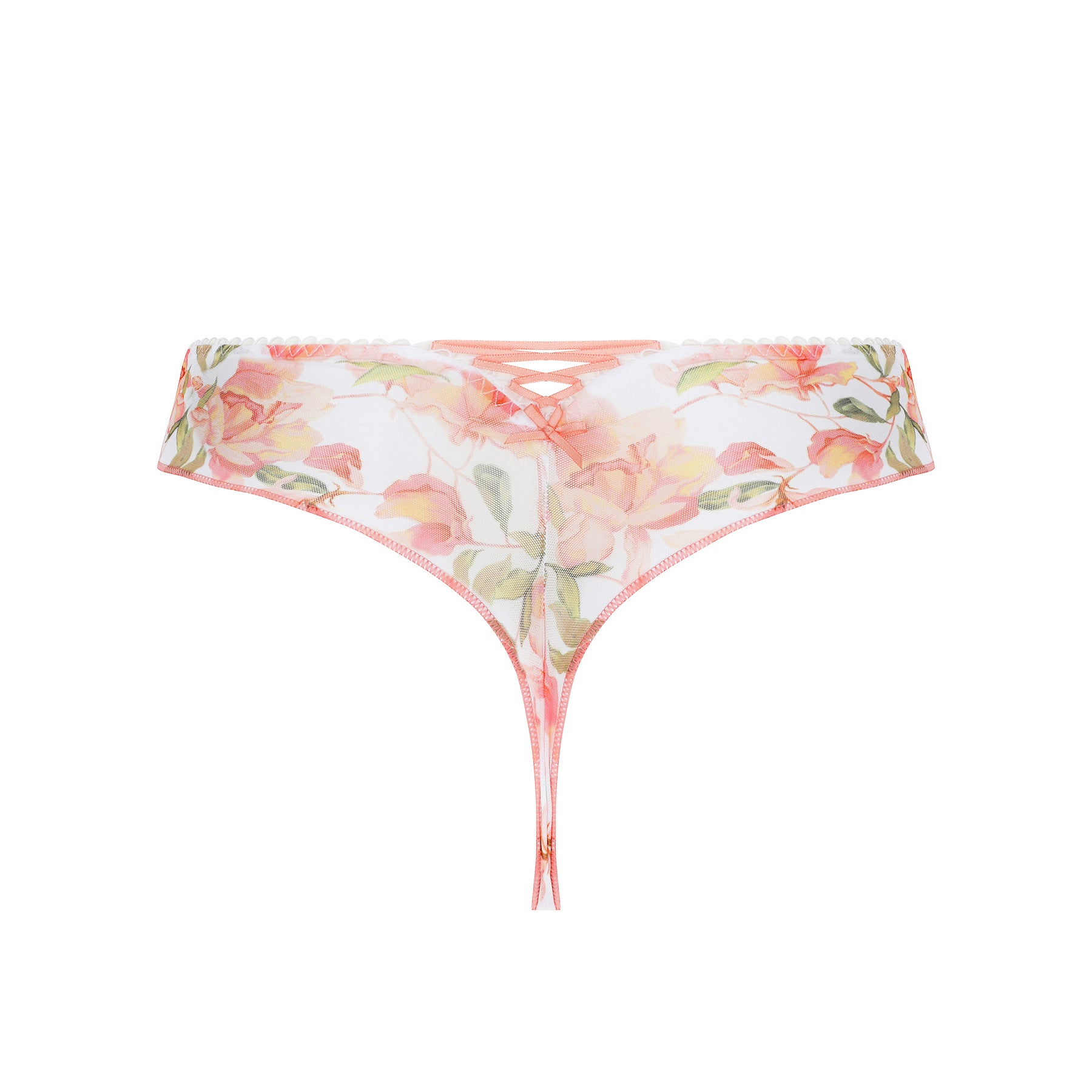 Front view of sheer floral thong with peach and pink print, delicate bow detail and scalloped edging