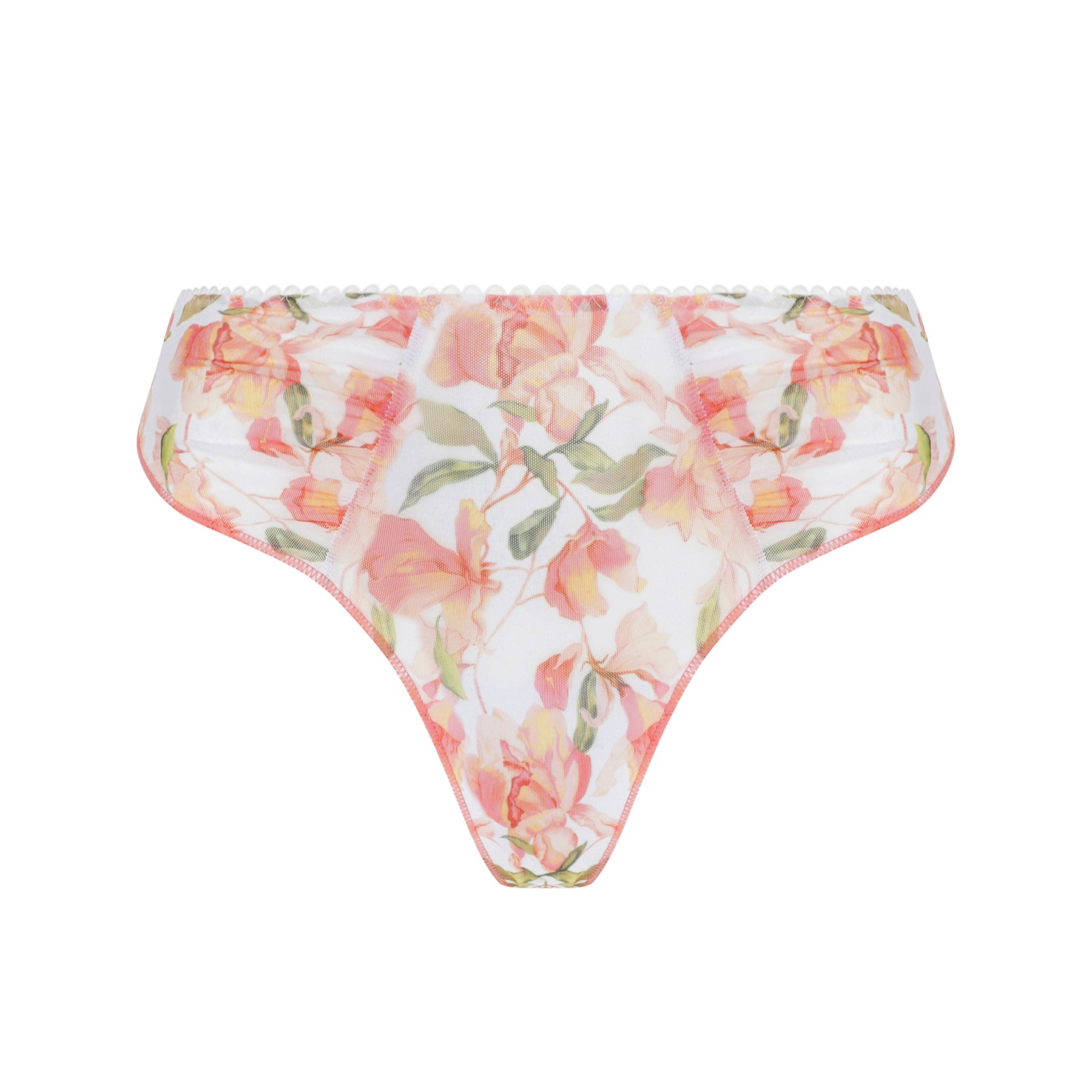 Back view of floral thong with sheer mesh fabric, peach blossom print and soft stretch finish