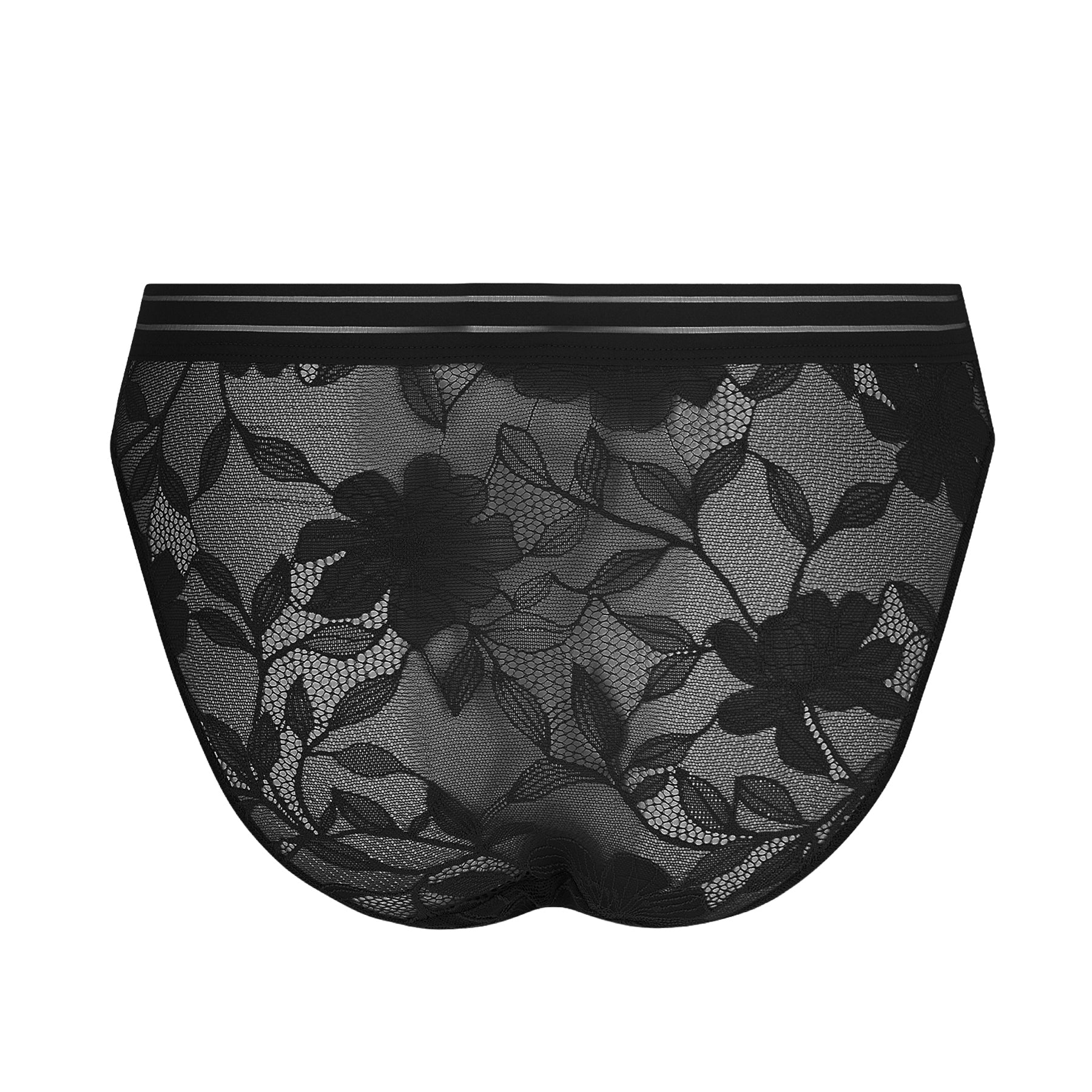 Black floral lace bikini panty with sheer mesh and striped waistband – back view.
