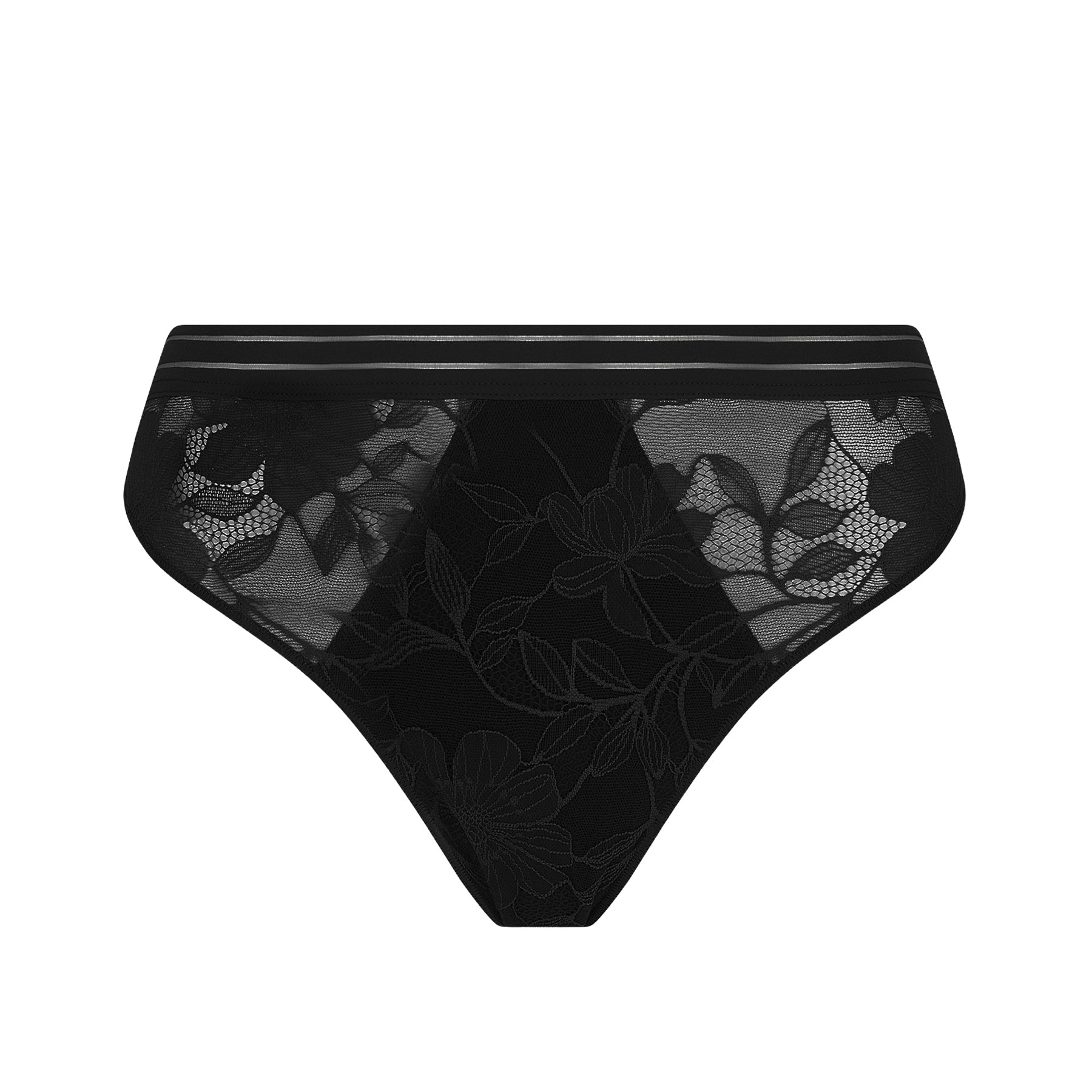 Black lace bikini panty featuring sheer floral embroidery and smooth elastic waistband – front view.